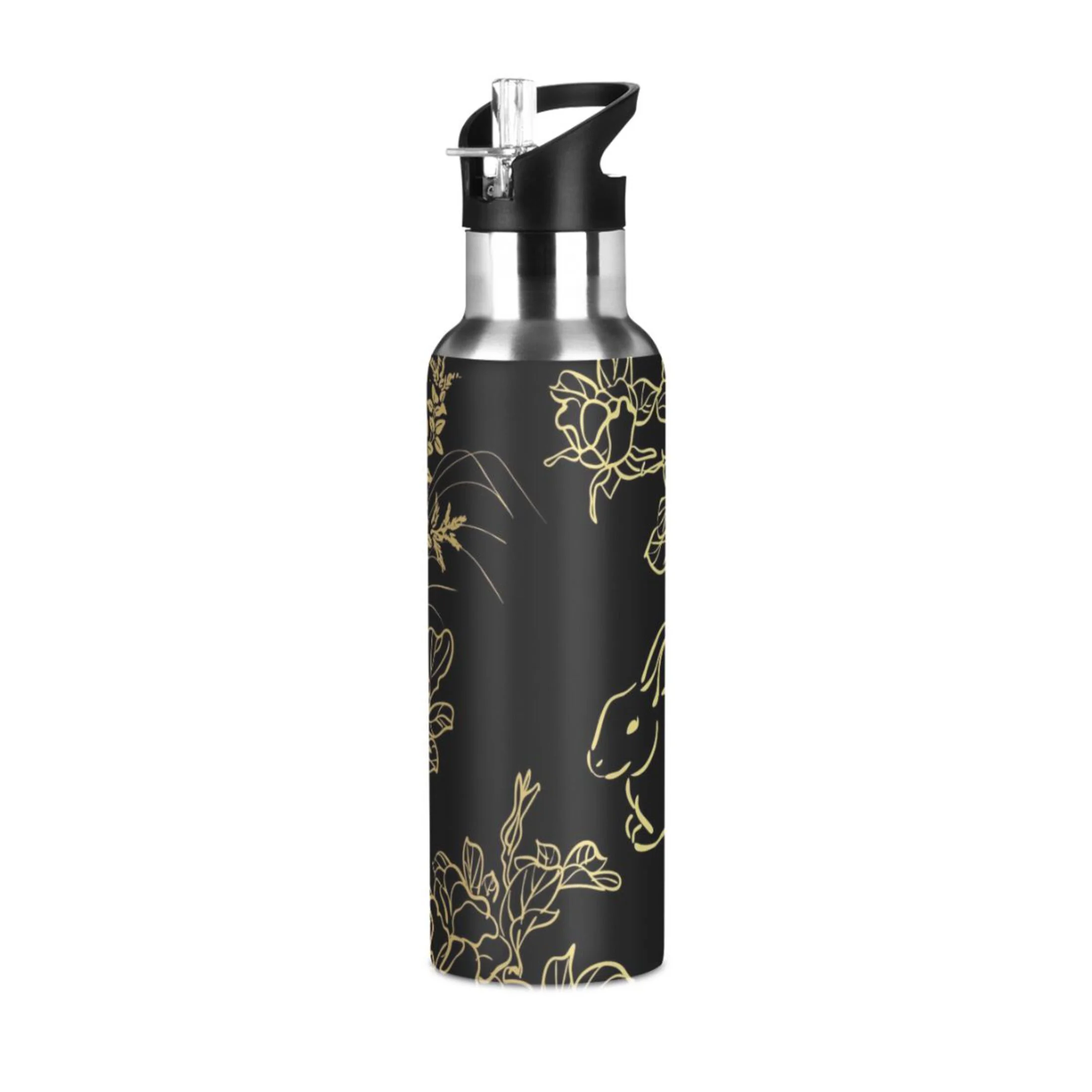 Stainless Steel Water Bottle Rabbit Cute Flower with Straw Lid Vacuum Insulated Leak Proof Flask Jug for Gym Travel Sports Cycling Outdoor 20 OZ