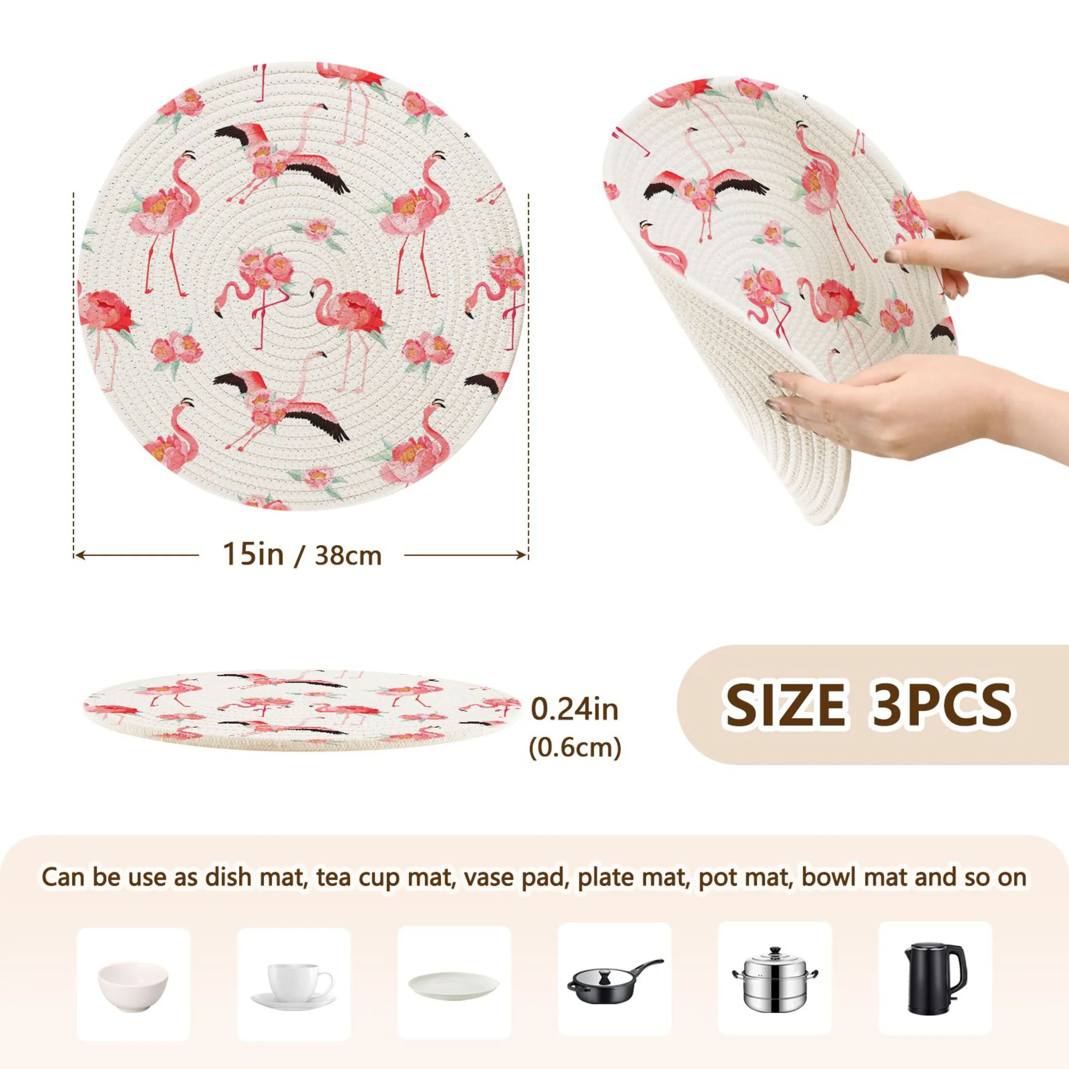 Tropical Flamingo with Peony Flowers 3 PCs Pot Holders Trivets Kitchen 15