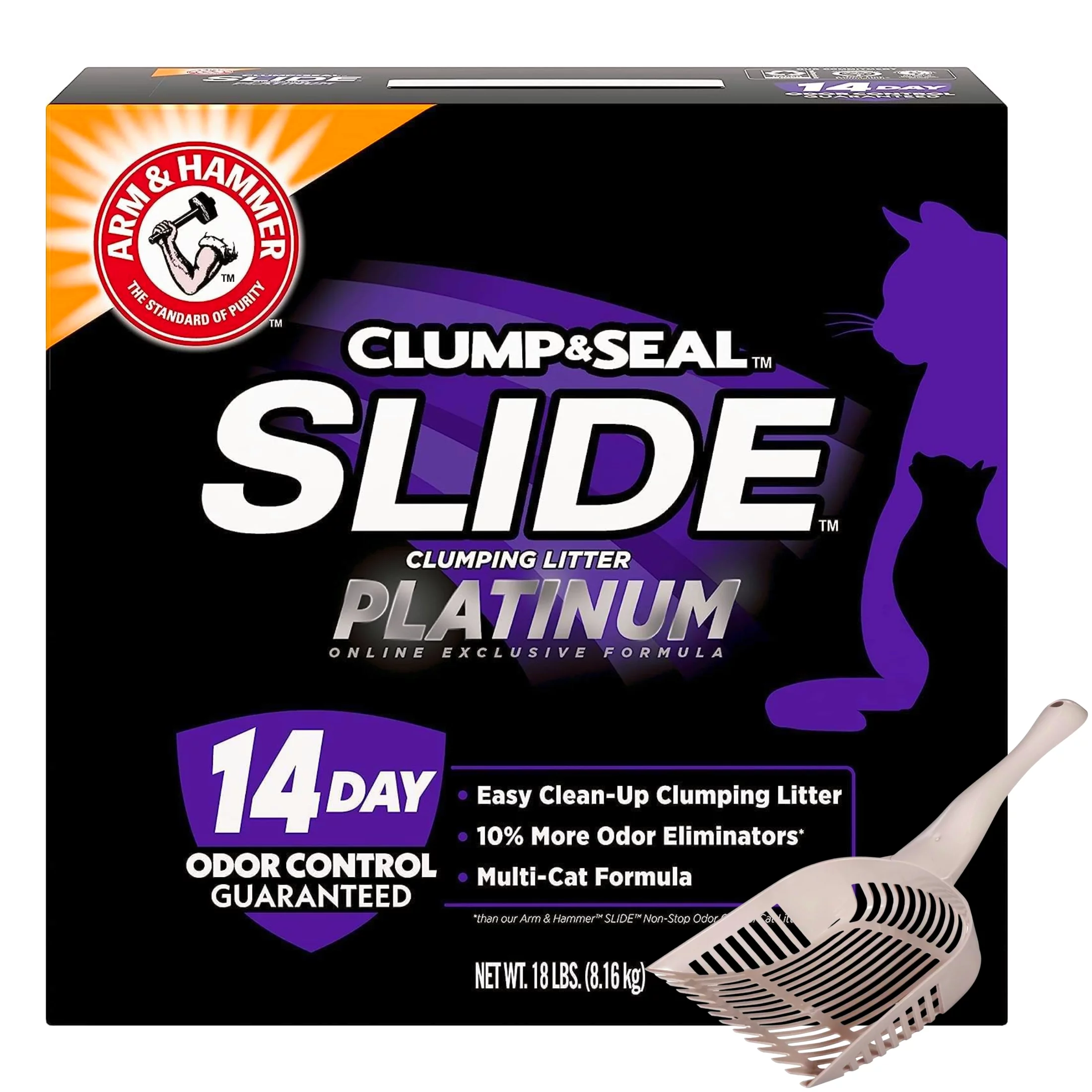 (1) Arm & Hammer Platinum SLIDE Easy Clean Clumping Litter,  18 Lbs Multi-Cat Absorbent Long Lasting Odor Eliminator with Baking Soda Dust Free Cat Sand Litter Bonus Scoop & CUSTOM Storage Carrier