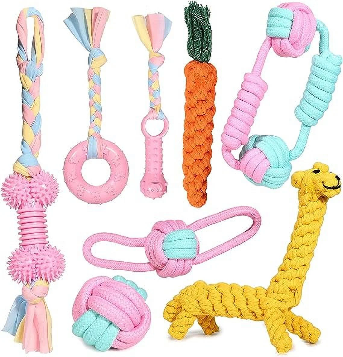 JYPS Puppy Dog Chew Toys, 8pcs Dog Toy Set Teething Training, Chewing Toys for Aggressive Chewers, Interactive Pink Dog Rope and ball Toys Gift Xmas for 8 Weeks Small Puppies, Medium and Large Dogs