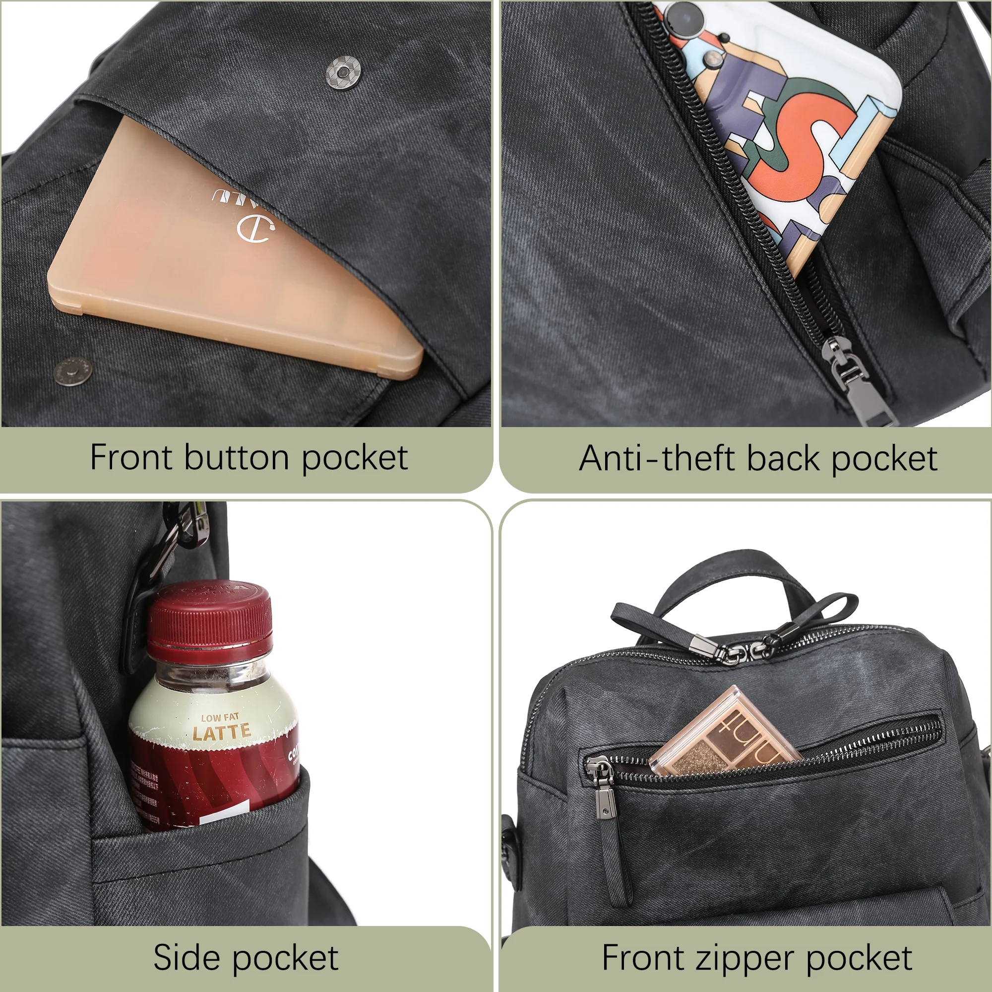 Women Backpack Anti-theft PU Leather Designer Travel Backpack , Fashion Shoulder Handbag, Black