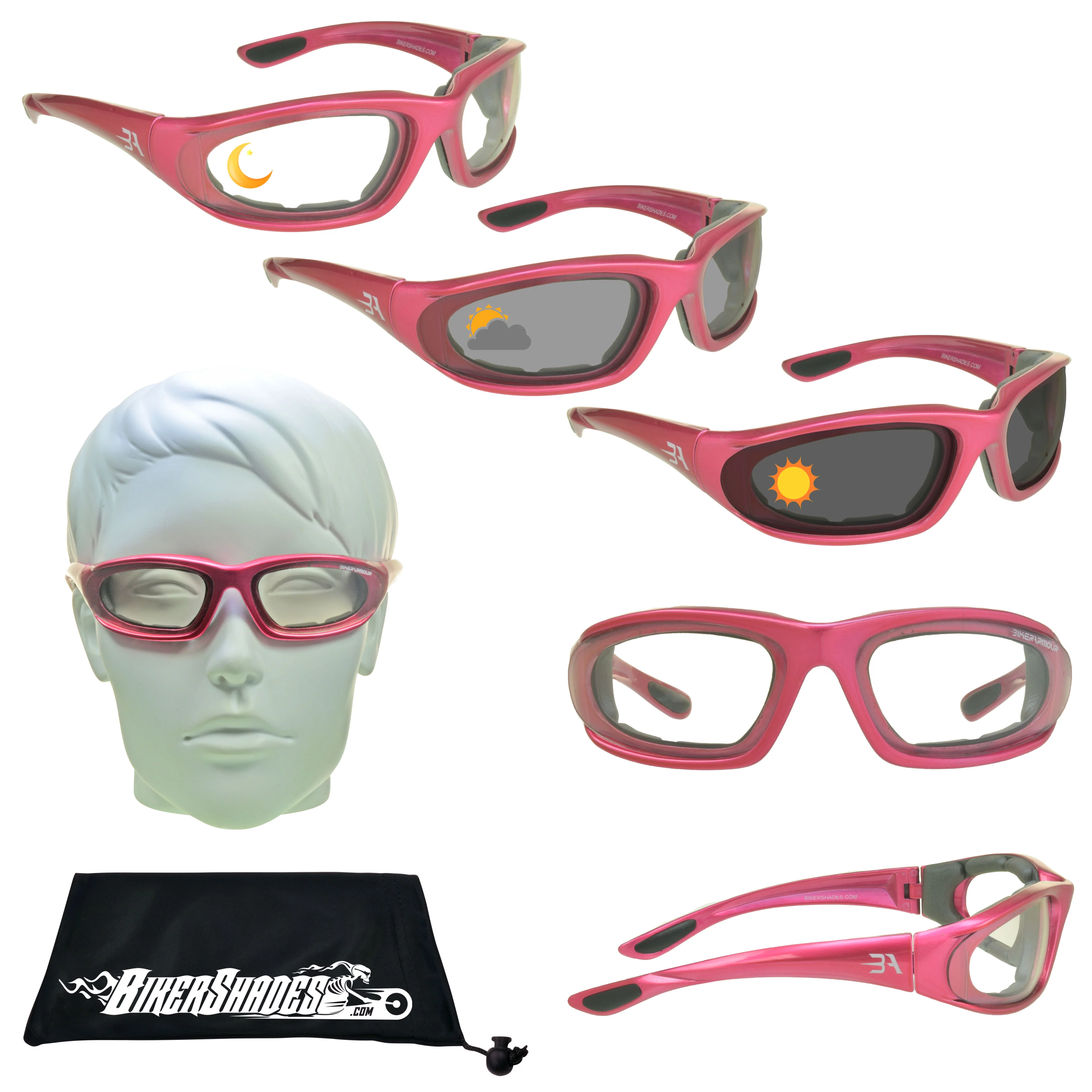 Bikershades Pink Frame Women Small Transitional Motorcycle Photochromic Day Night Sunglass