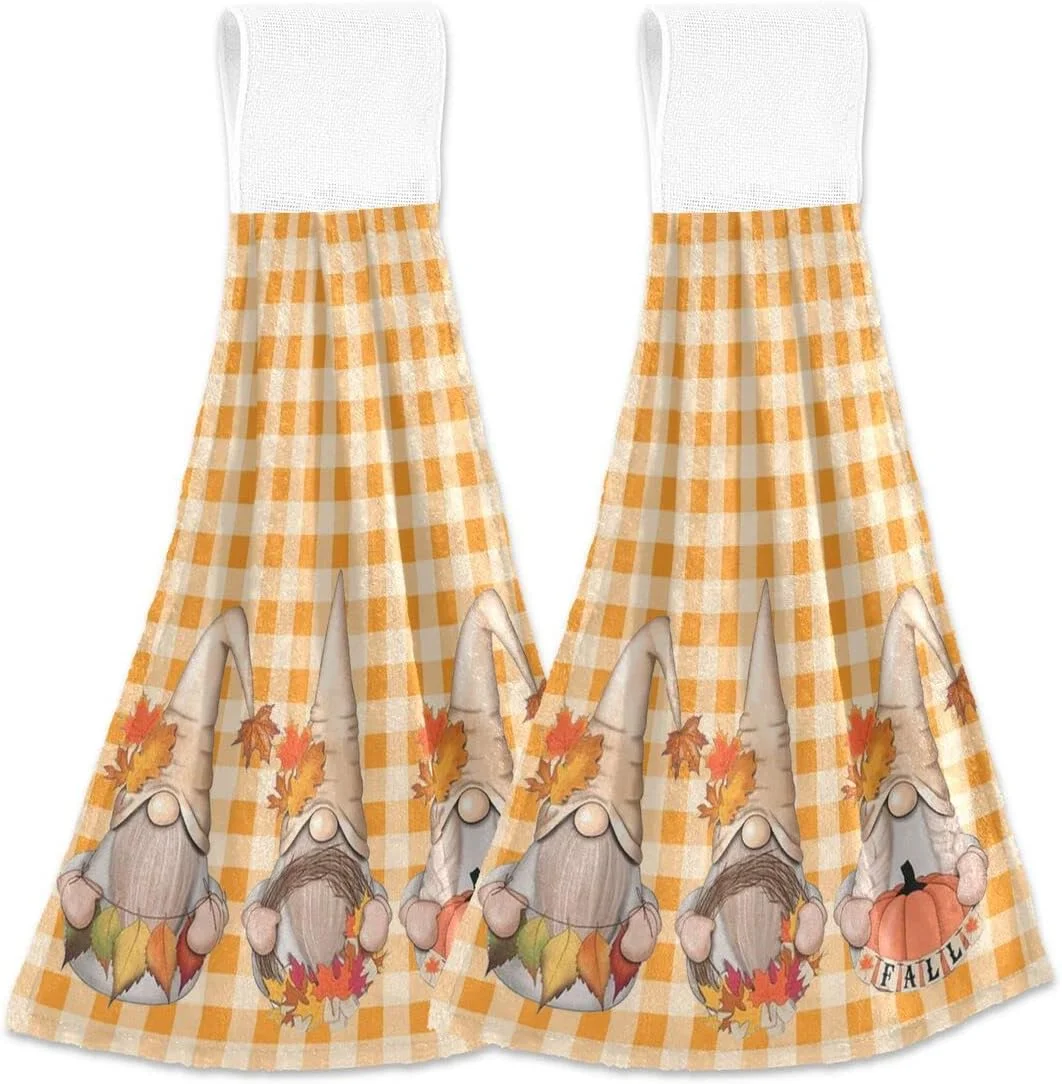 Wellsay Fall Gnome Hanging Kitchen Towels Set of 2, Autumn Pumpkin Maple Leaves Hand Tie Towel with Loop Orange White Checked Plaid Washcloth for Bathroom Kitchen Home Decor