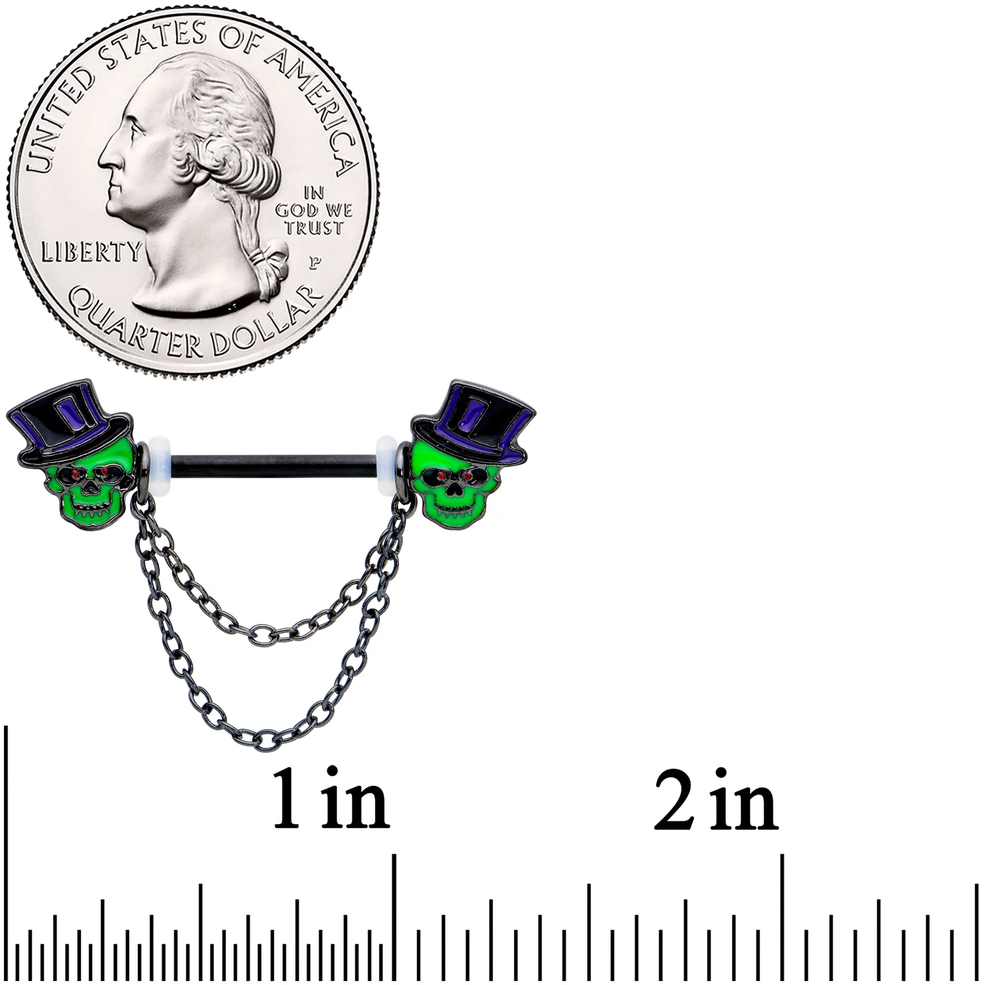 Body Candy 14G Womens Nipplerings Piercing Black Plated Steel 2Pc Top Hat Green Skull Nipple Ring Set 5/8