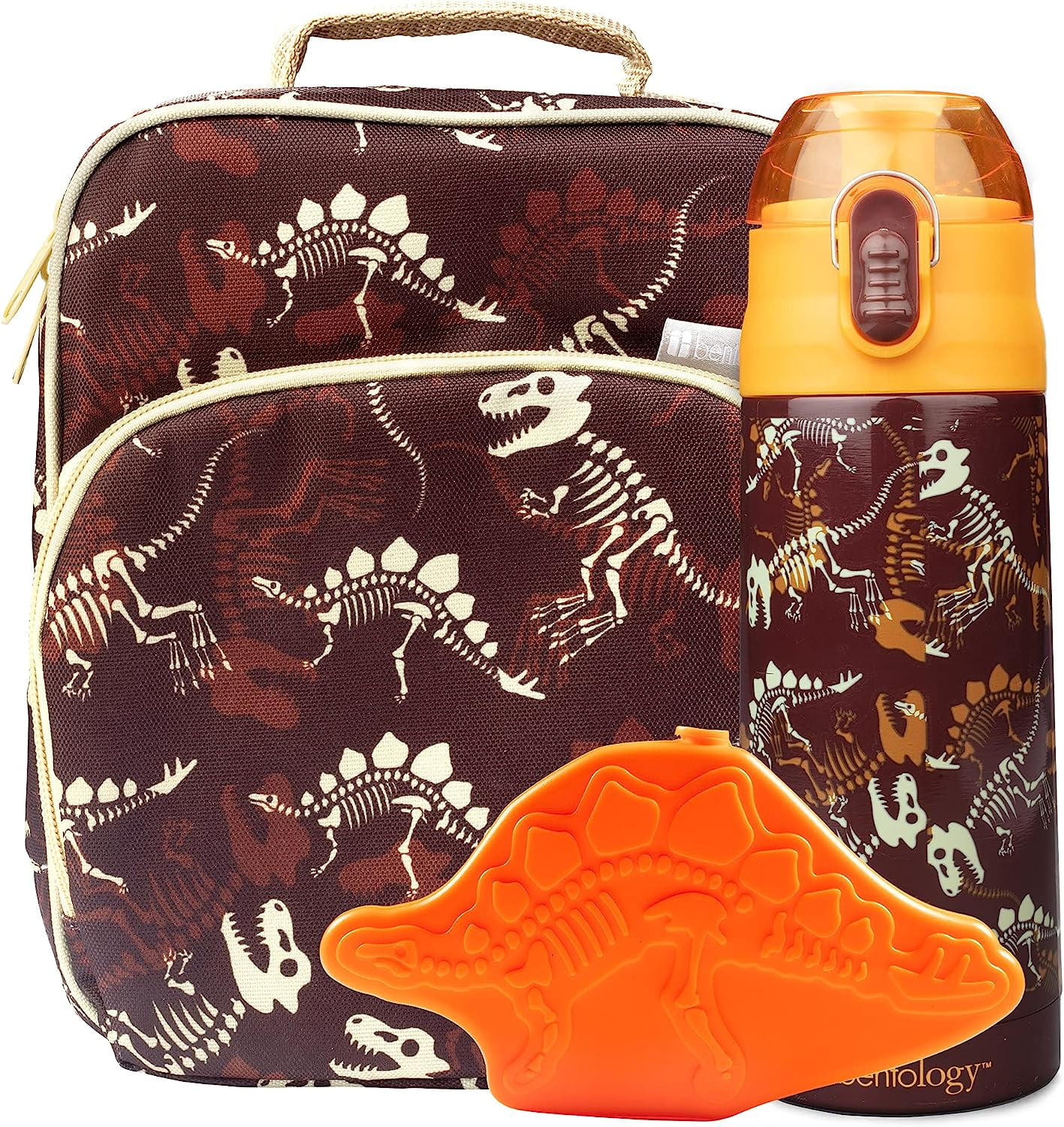Bentology Kids Lunch Bag Set Dinosaur- Thick Padded, Insulated Tote,Reusable Hard Ice Pack & Insulated Stainless Steel Water Bottle- Keeps Lunch Fresh Longer, Back to School Lunchbox Kits