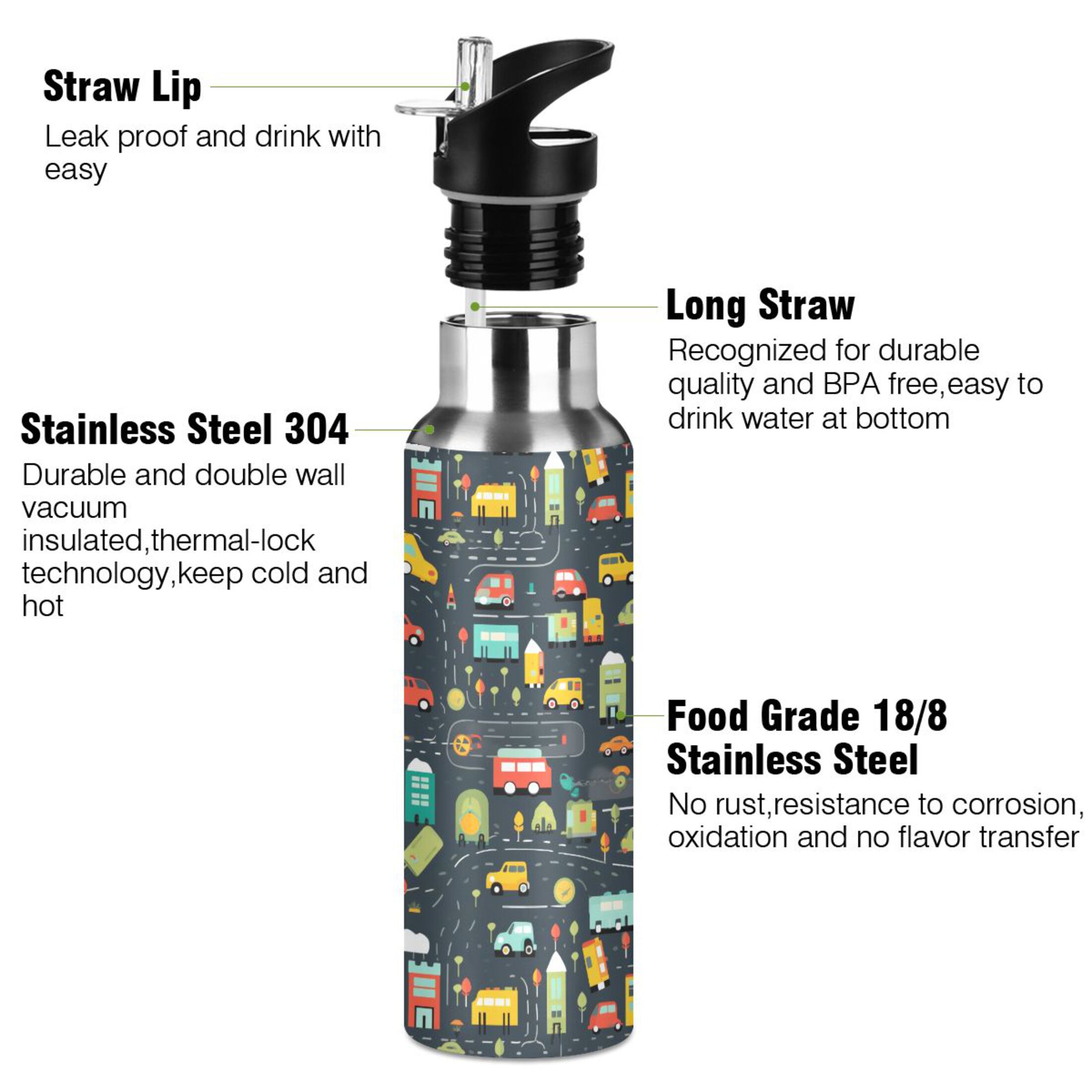 Cartoon Car and Bus Water Bottles Insulated Thermos Kids Stainless Steel Bottle with Straw Lid Flask Leakproof for Sports Gym 20 oz