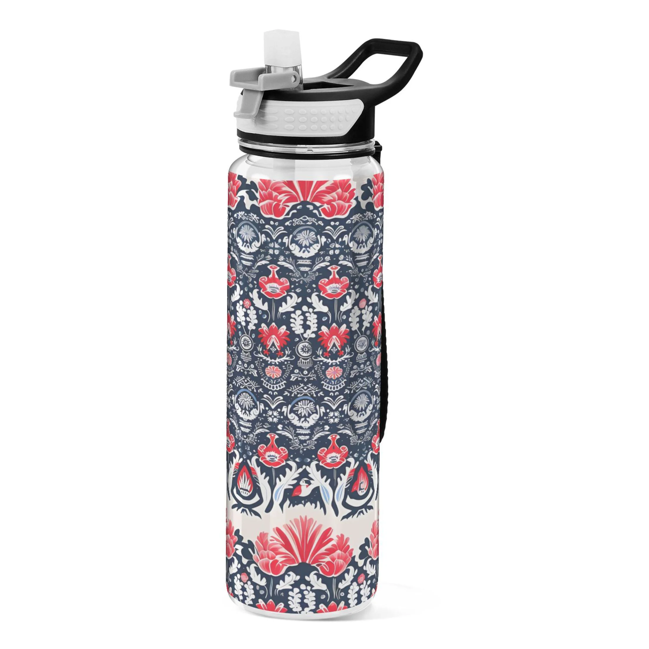 Retro Flowers Print 32oz Water Bottles with Straw Tritan Leakproof Sports Bottle BPA Free Clear for Fitness Gym Swimming Cycling