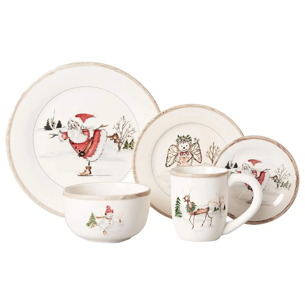 American Atelier, Round, Christmas Twig Cream Ceramic Dinnerware Set, 20-Piece