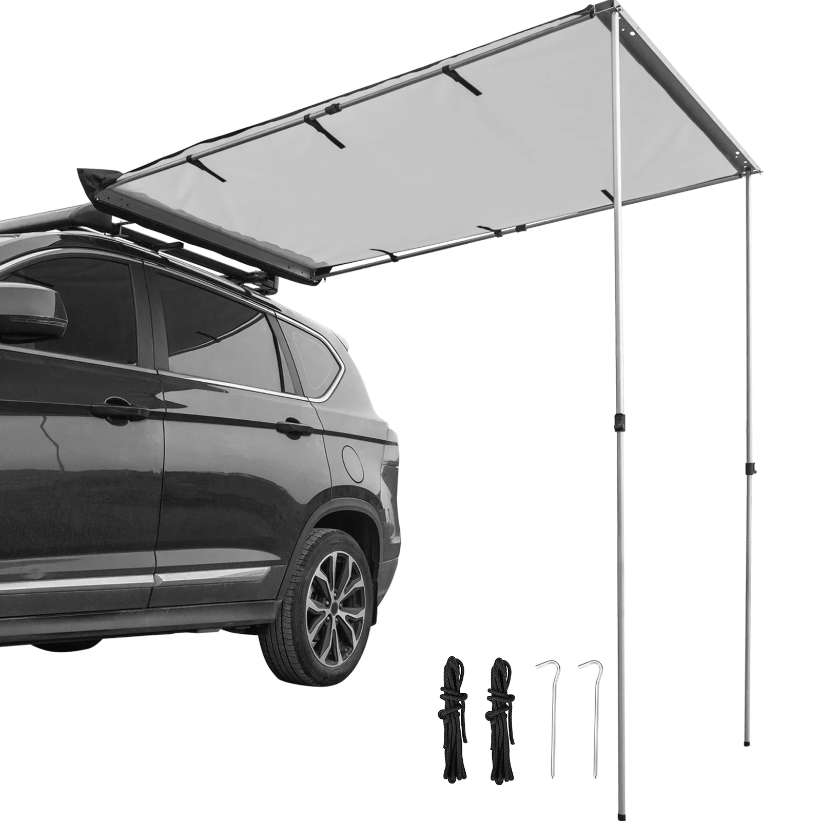 VEVOR Car Side Awning, 7.6'x8.2', Pull-Out Retractable Vehicle Awning Waterproof UV50+, Telescoping Poles Trailer Sunshade Rooftop Tent w/ Carry Bag for Jeep/SUV/Truck/Van Outdoor Camping Travel, Grey
