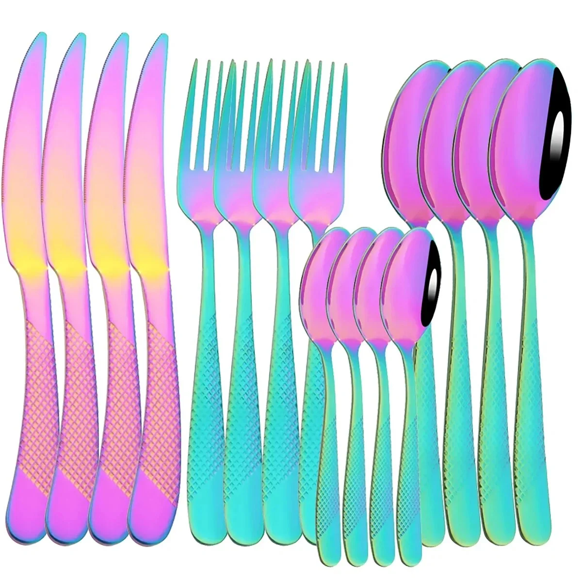 16Pcs Dinnerware Sliver Stainless Steel Cutlery Gold Plated Western Tableware Dinner Set Mirror Knife Fork Spoon Dishwasher Safe Rainbow 16Pcs
