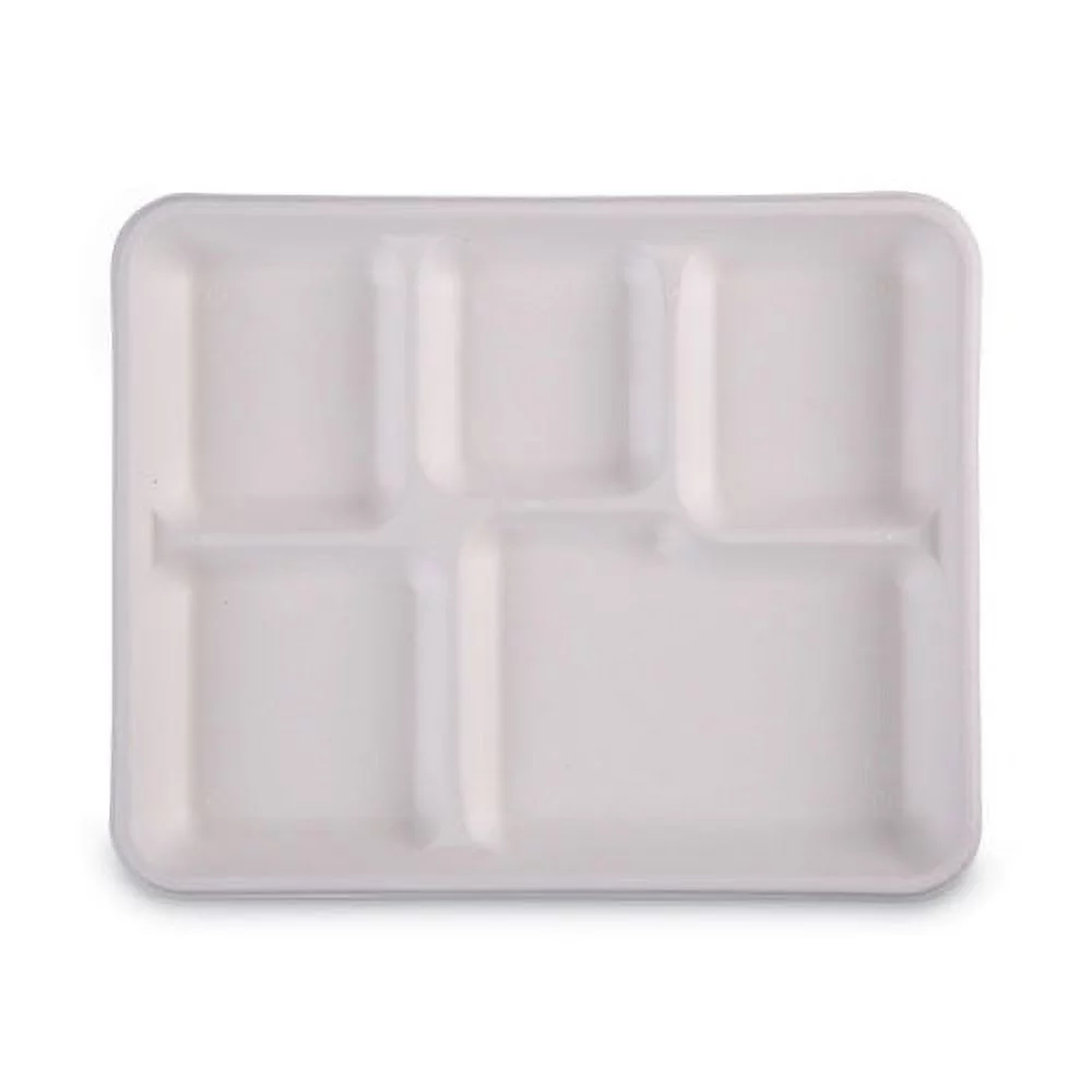 Bagasse Dinnerware, 5-Compartment Tray, 10 x 8, White, 500/Carton | Bundle of 2 Cartons