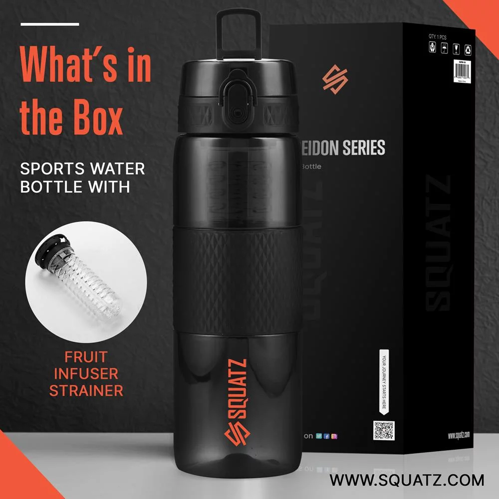 Squatz 24 Oz Poseidon Series Water Bottle for Protein and Fruit Shakes W/ Fruit Infuser Strainer