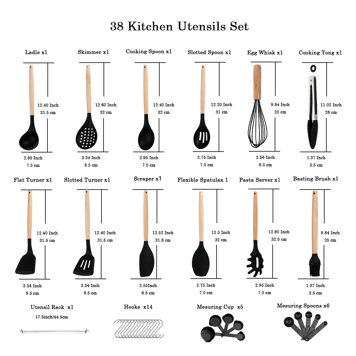 ReaNea Silicone Kitchen Utensils Set 38 Pieces and Utensil Holder (Black)