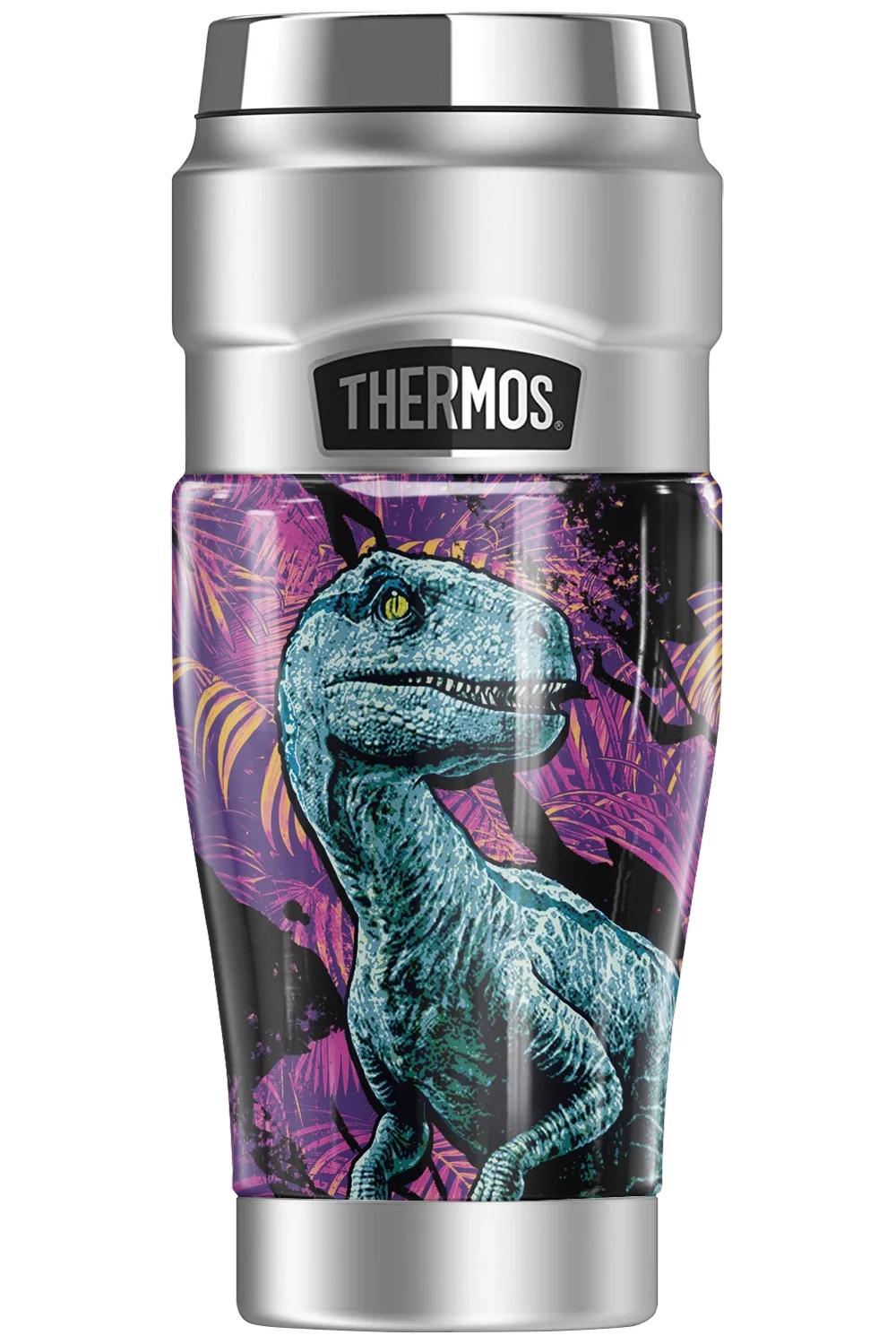 Jurassic World Neon Jungle Velociraptor THERMOS STAINLESS KING Stainless Steel Travel Tumbler, Vacuum insulated & Double Wall, 16oz