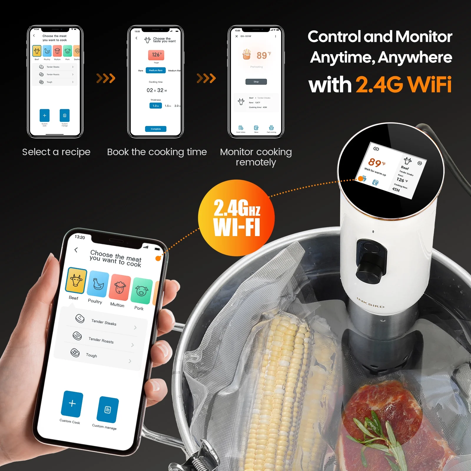 WiFi Sous Vide Machine ISV-101W Slow Cookers Immersion Precision ,1000 Watts 3D Water Circulation Heating,Smart Cooking alarm,Accurate Temperature,Ultra-Quiet
