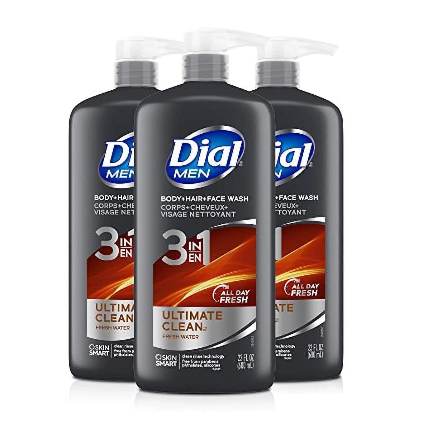 Dial for Men Body Wash + Hair Ultimate Clean Fresh Water Scent, Value Size 35 fl oz Pump Bottle (Pack of 3)