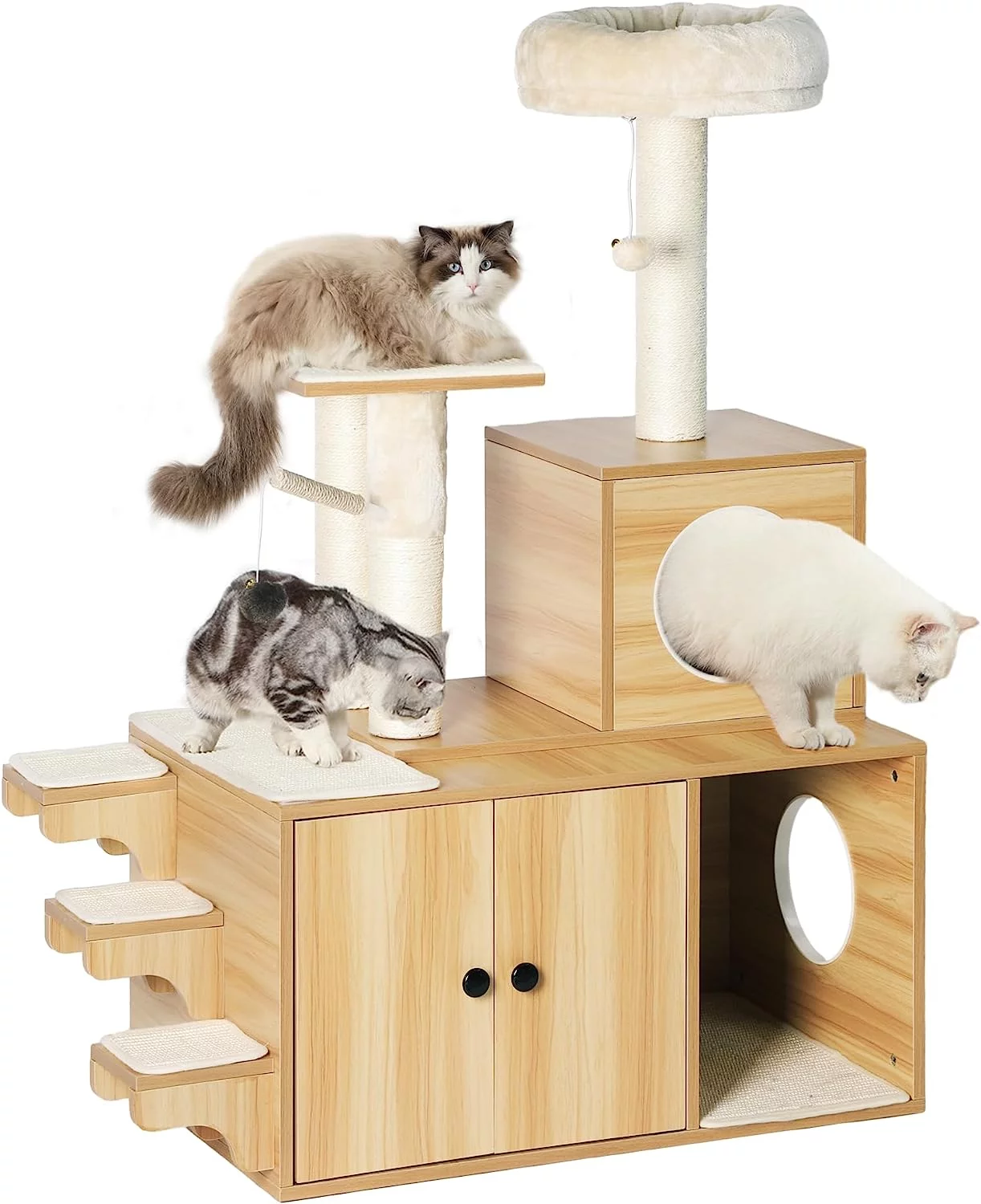 Dextrus Litter Box Enclosure with Cat Tree, 4-in-1 Modern Cat Tree with Cat Mat, Indoor Wooden Cat House Separable Litter Box Furniture Hidden End Table for 3-4 Large Cats