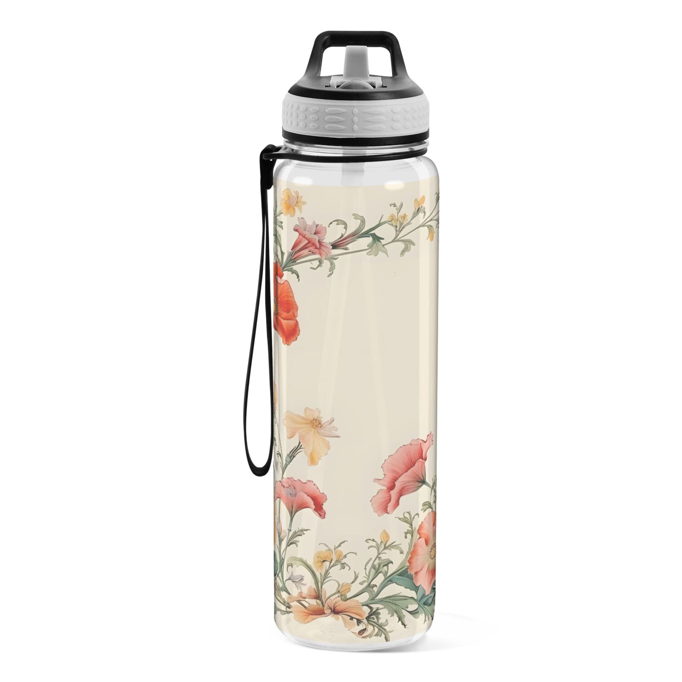 Flowers on Yellow 32oz Water Bottles with Straw Tritan Leakproof Sports Bottle BPA Free Clear for Fitness Gym Swimming Cycling