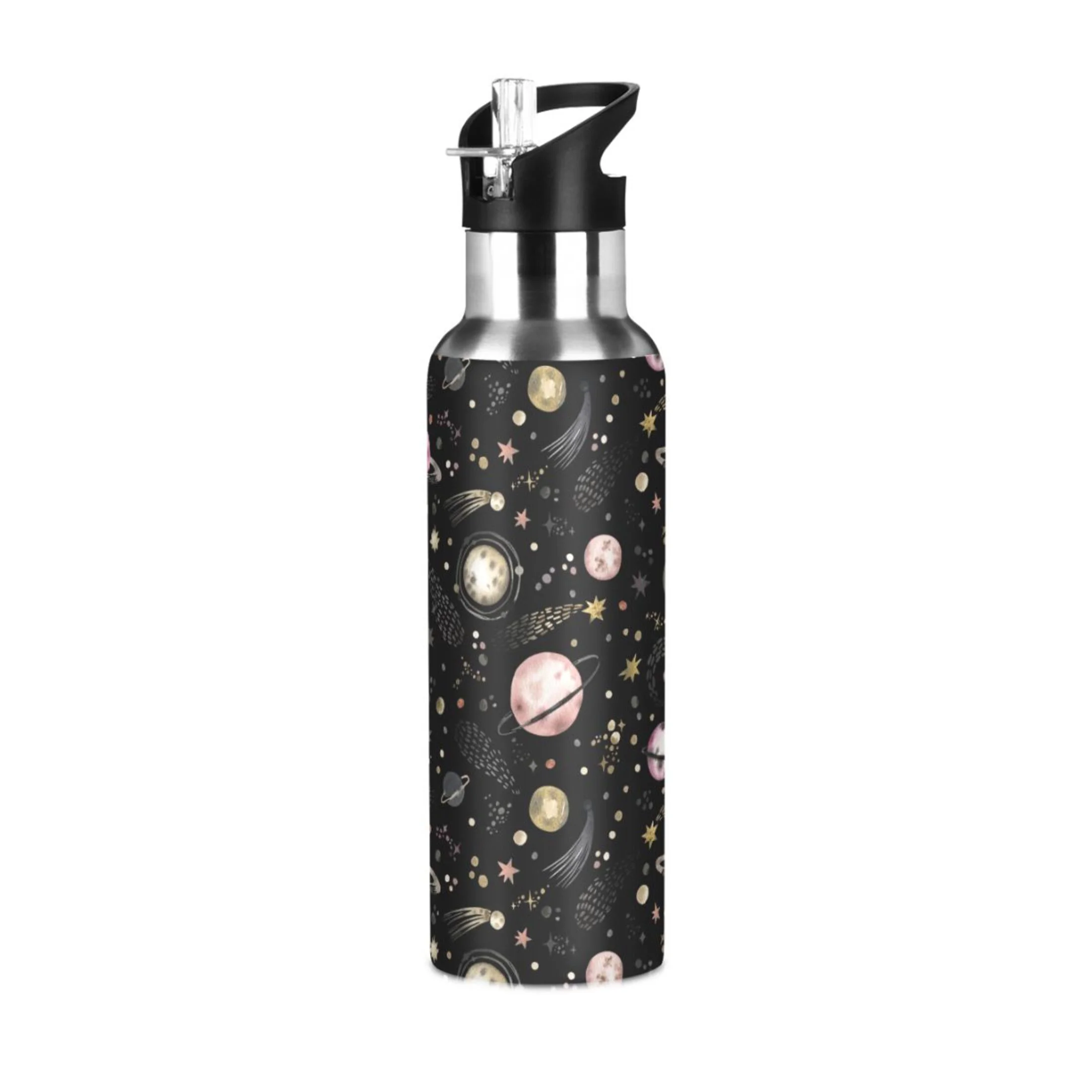 Water Bottle with Straw Lid Leak Planets Stars Starry Sky Stainless Steel Insulated Thermos Vacuum Flask for Cold Hot Drinking for Sports Camping Gym Yoga