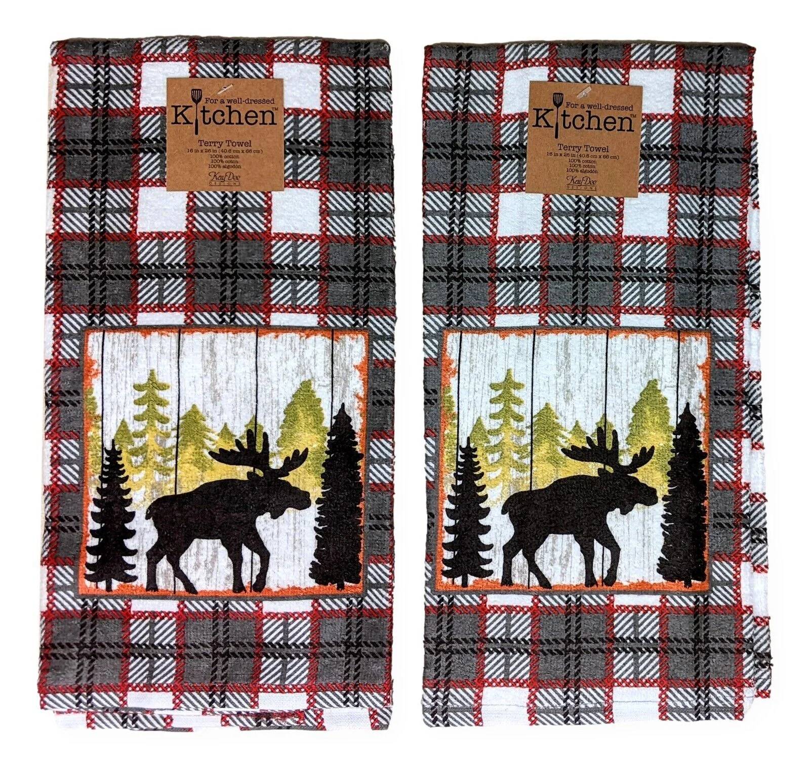 Set of 2 Simple Living MOOSE Plaid Terry Kitchen Towels by Kay Dee Designs