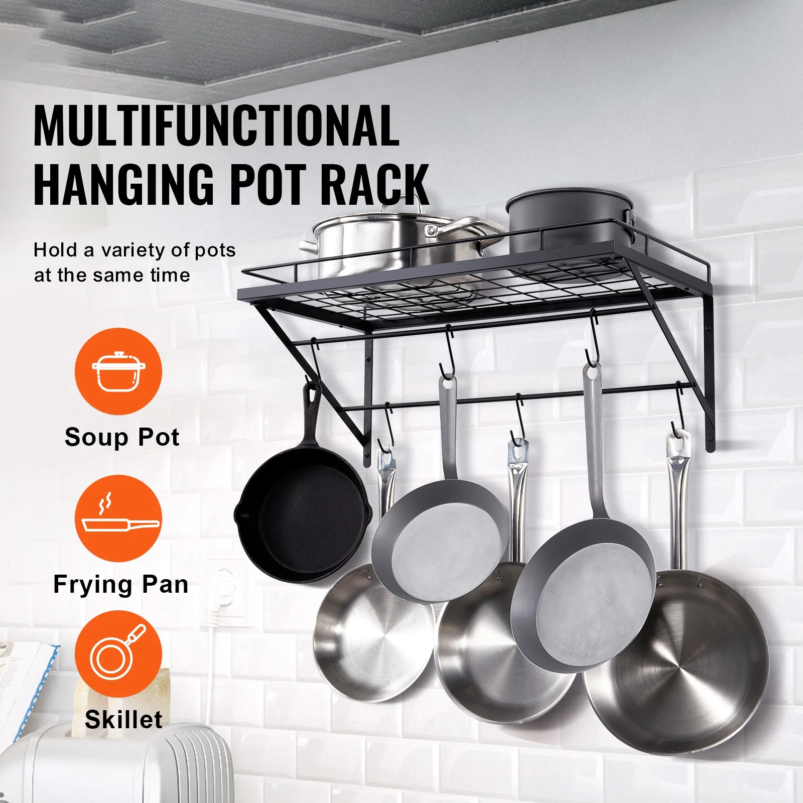 BENTISM Pot Rack Wall Mounted, 24 inch Pot and Pan Hanging Rack, Pot and Pan Hanger with 12 S Hooks, 55 lbs Loading Weight, Ideal for Pans, Utensils, Cookware in Kitchen