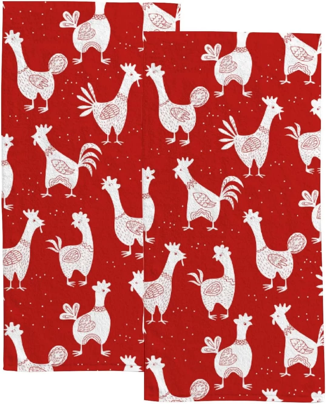 Dreamtimes Hand Towels for Bathroom, Kitchen Towels Decorative Set of 2, White Roosters On Red Absorbent Face Bath Towels 30