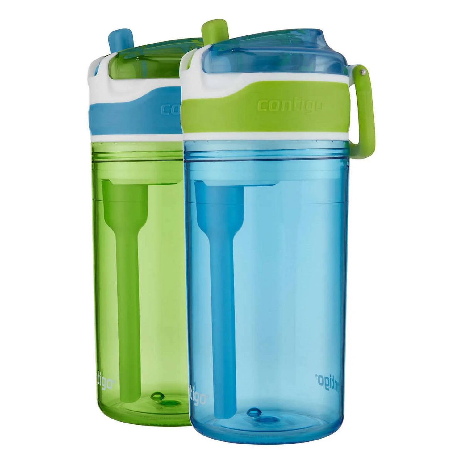Contigo Kids 2-in-1 Snack Hero Tumbler Featuring 4oz Snack Holder Stacked on Top of 13oz Water Bottle - BPA Free, Durable Tritan w/Flexible Carry Handle & Spill-Proof Valve, Green & Blue – 2 Pack