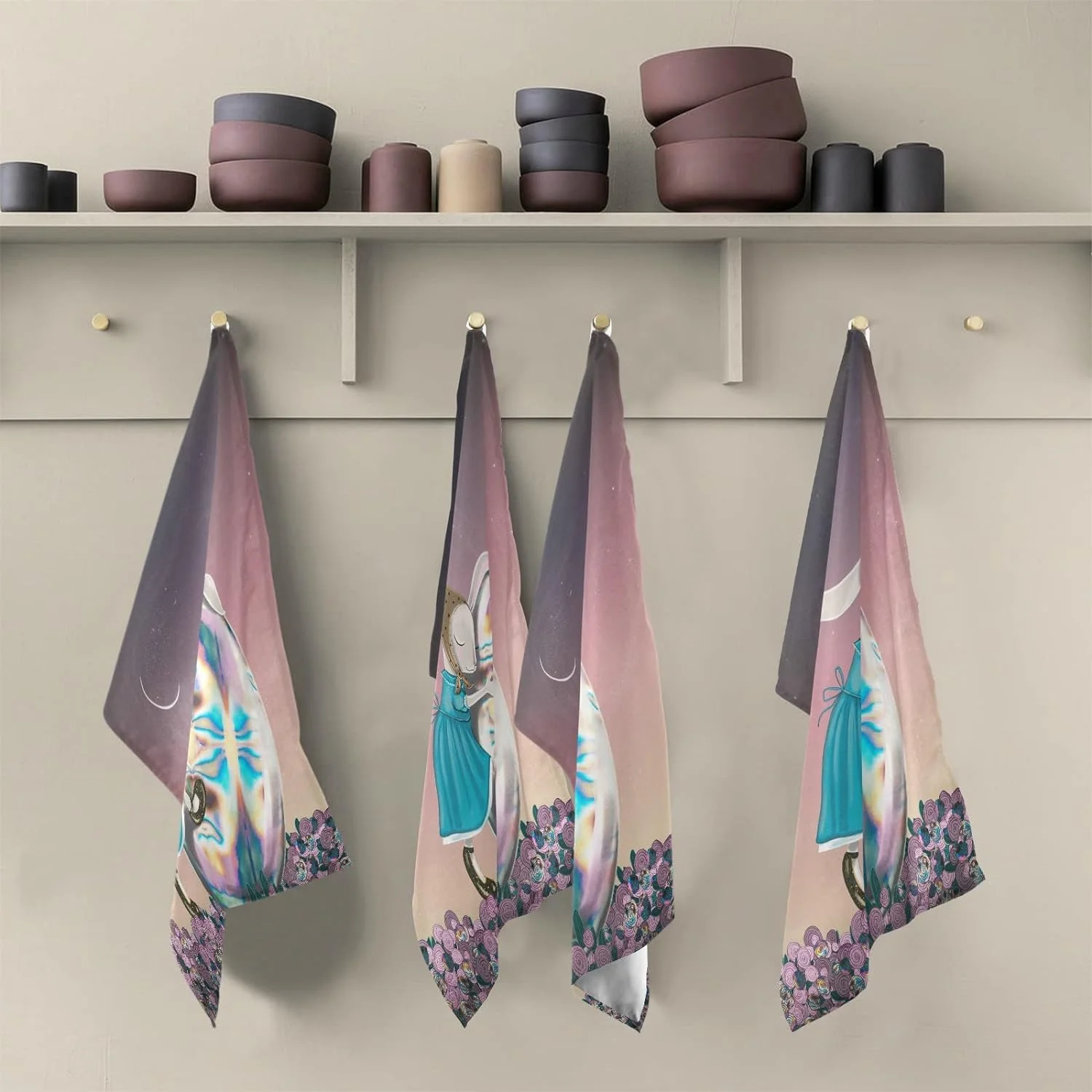 Easter Bunny Floral Kitchen Tea Towels Set of 4 Absorbent Hand Dish Towels, Unique Silvery Egg Dishcloths Lint-Free 18x28 Inch Fast Drying for Cooking Baking Home Clean