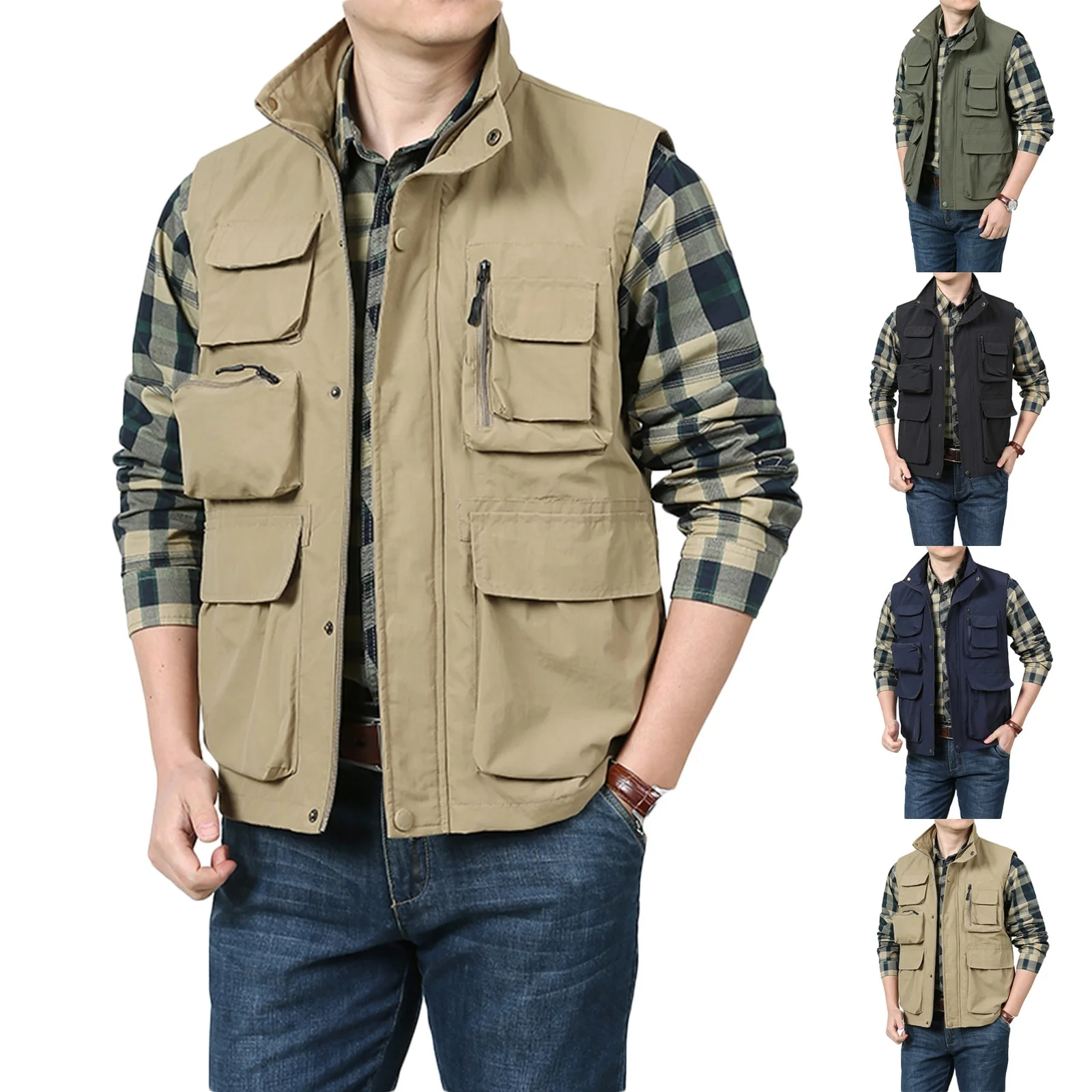 Men's Casual Outdoor Work Safari Fishing Travel Photo Cargo Vest Jacket Multi Pockets Men's Fishing Vest
