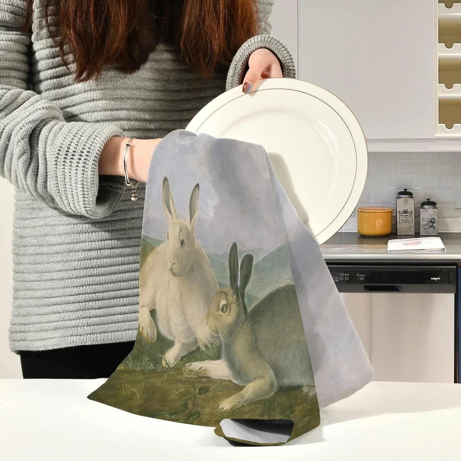 Spring Hare Bunny Kitchen Tea Towels Set of 4 Absorbent Hand Dish Towels, Watercolor Easter Rabbit Dishcloths Lint-Free 18x28 Inch Fast Drying for Cooking Baking Home Clean