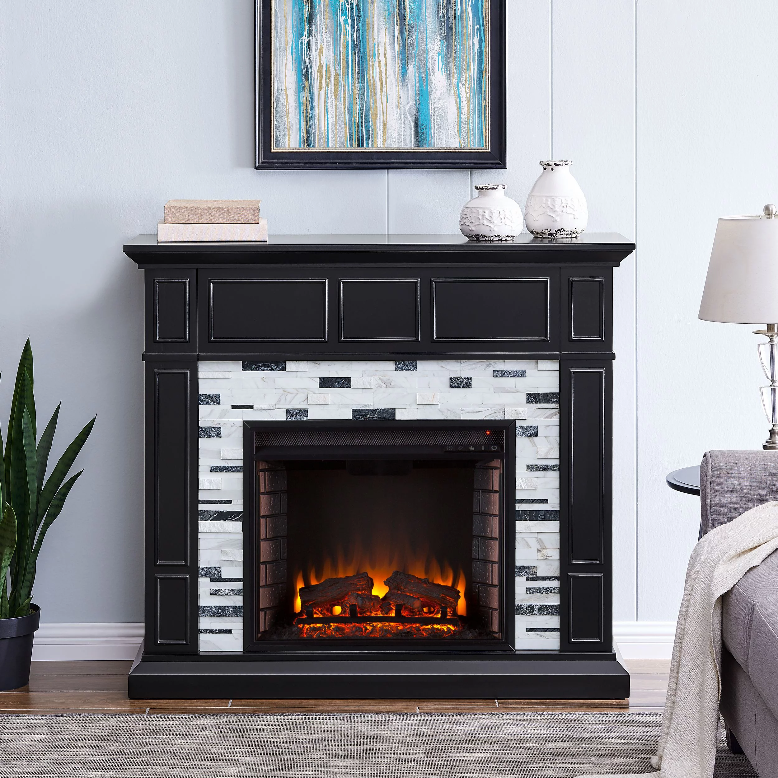 SEI Furniture Frescan Freestanding Marble Electric Fireplace in Black with White and Gray Marble