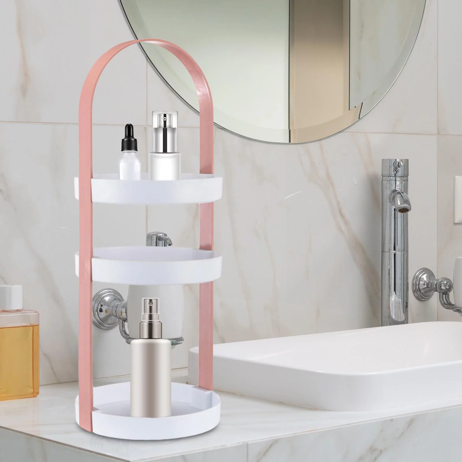 Desk Cosmetics Stand Vanity Trays 3 Layer Home Storage and Display Coffee Table Stand Bathroom Rack Organizer Spice Rack Organizer for Home Pink