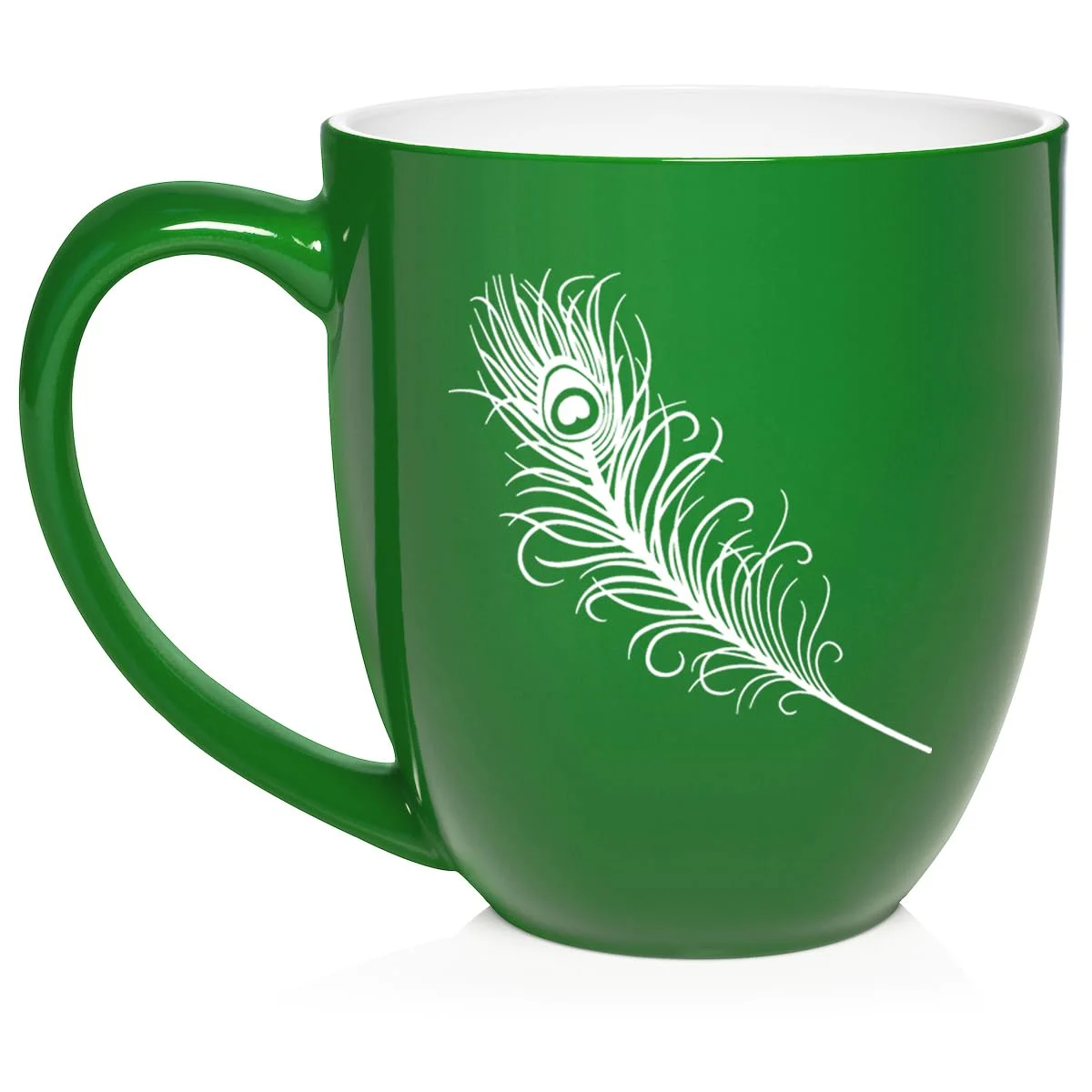 Peacock Feather Ceramic Coffee Mug Tea Cup Gift for Her, Him, Friend, Coworker, Wife, Husband (16oz Green)