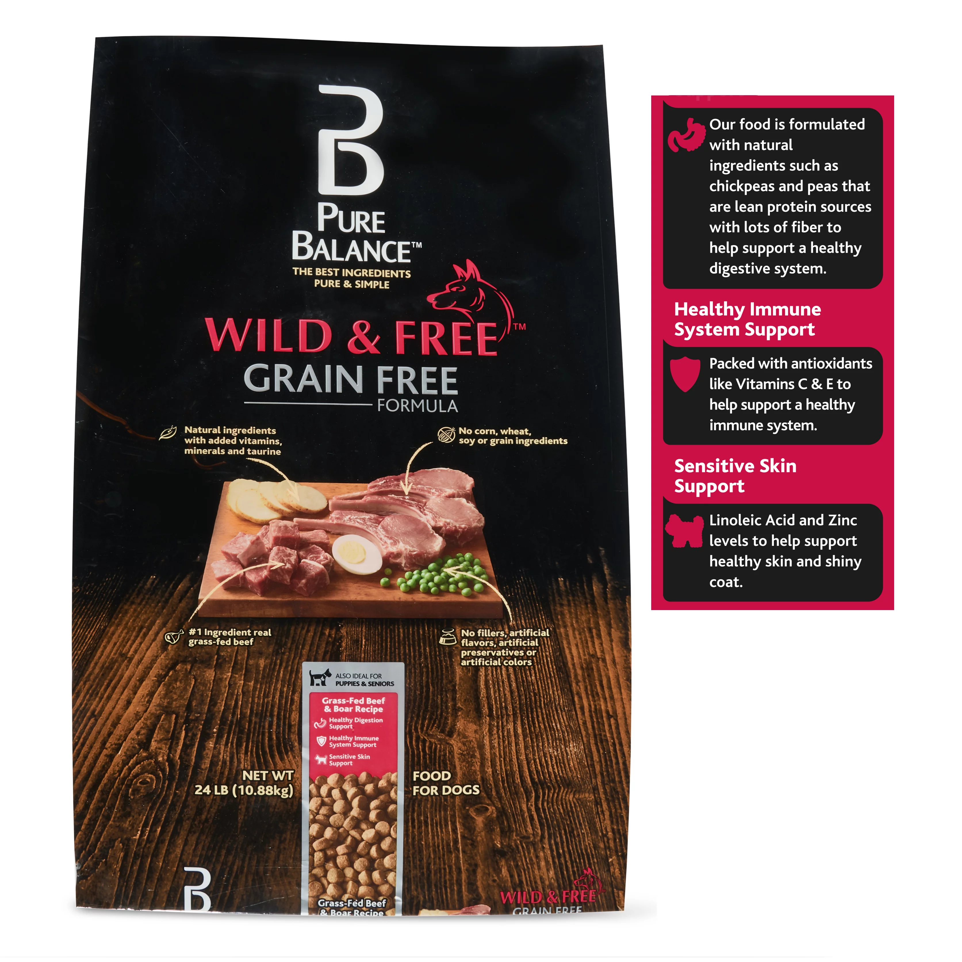Pure Balance Wild & Free Grain-Free Grass-Fed Beef & Boar Recipe, Dry Dog Food, 24 lb
