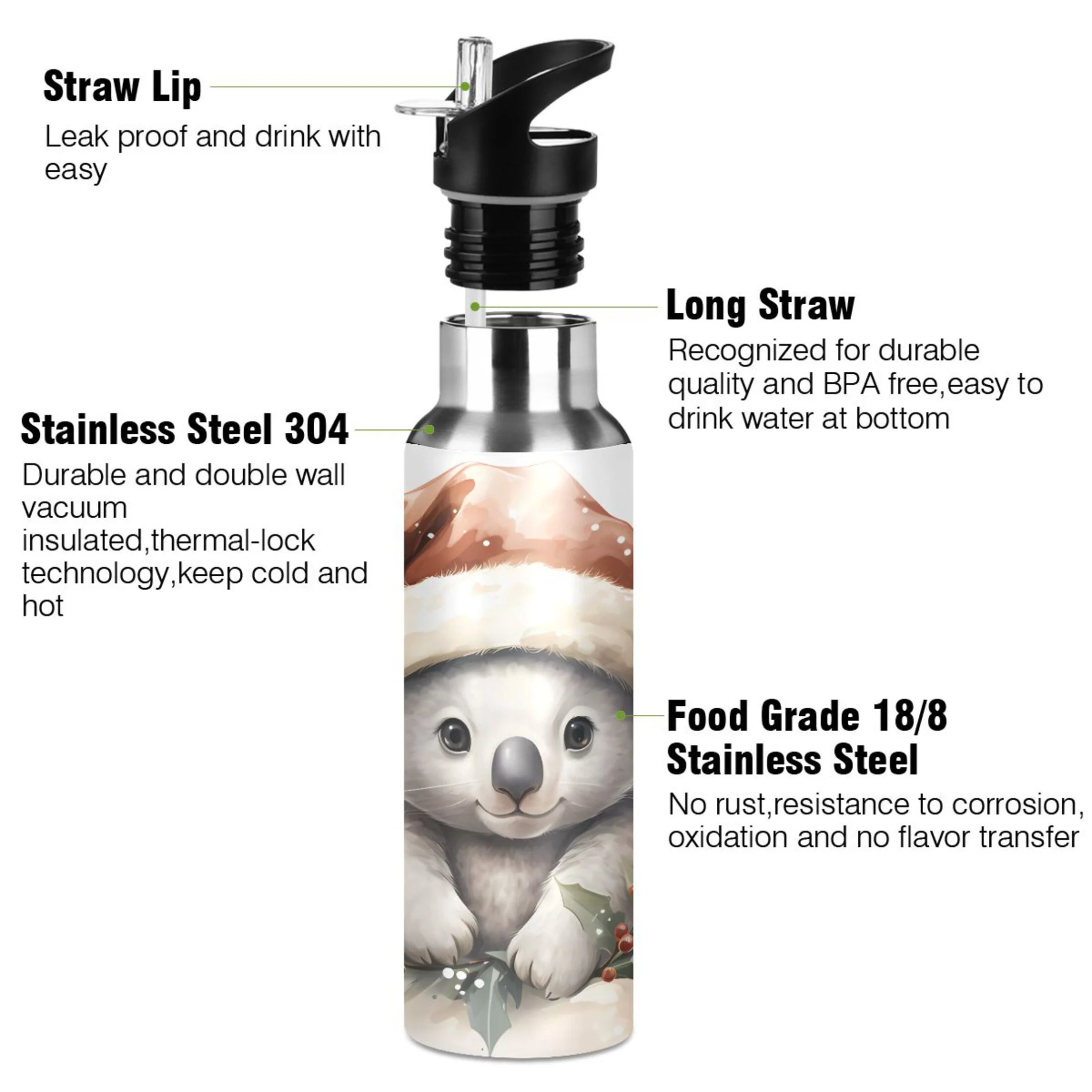 Water Bottle with Straw Lid Leak Cute Bear in Christmas Hats Stainless Steel Insulated Thermos Vacuum Flask for Cold Hot Drinking for Sports Camping Gym Yoga