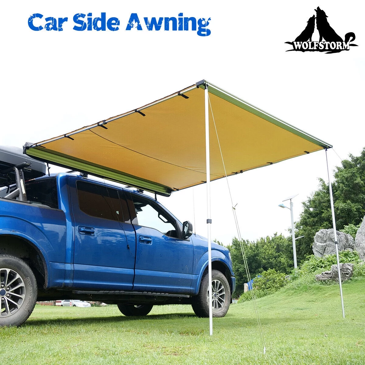 WOLFSTORM 6.6*8.2FT W/LED Outdoor Travel Sunshade Large Car Side Awning Rooftop Tent,Waterproof Pull-Out Car Side Awning for Off-Road Camping, Retractable Vehicle Tent Sun Shelter