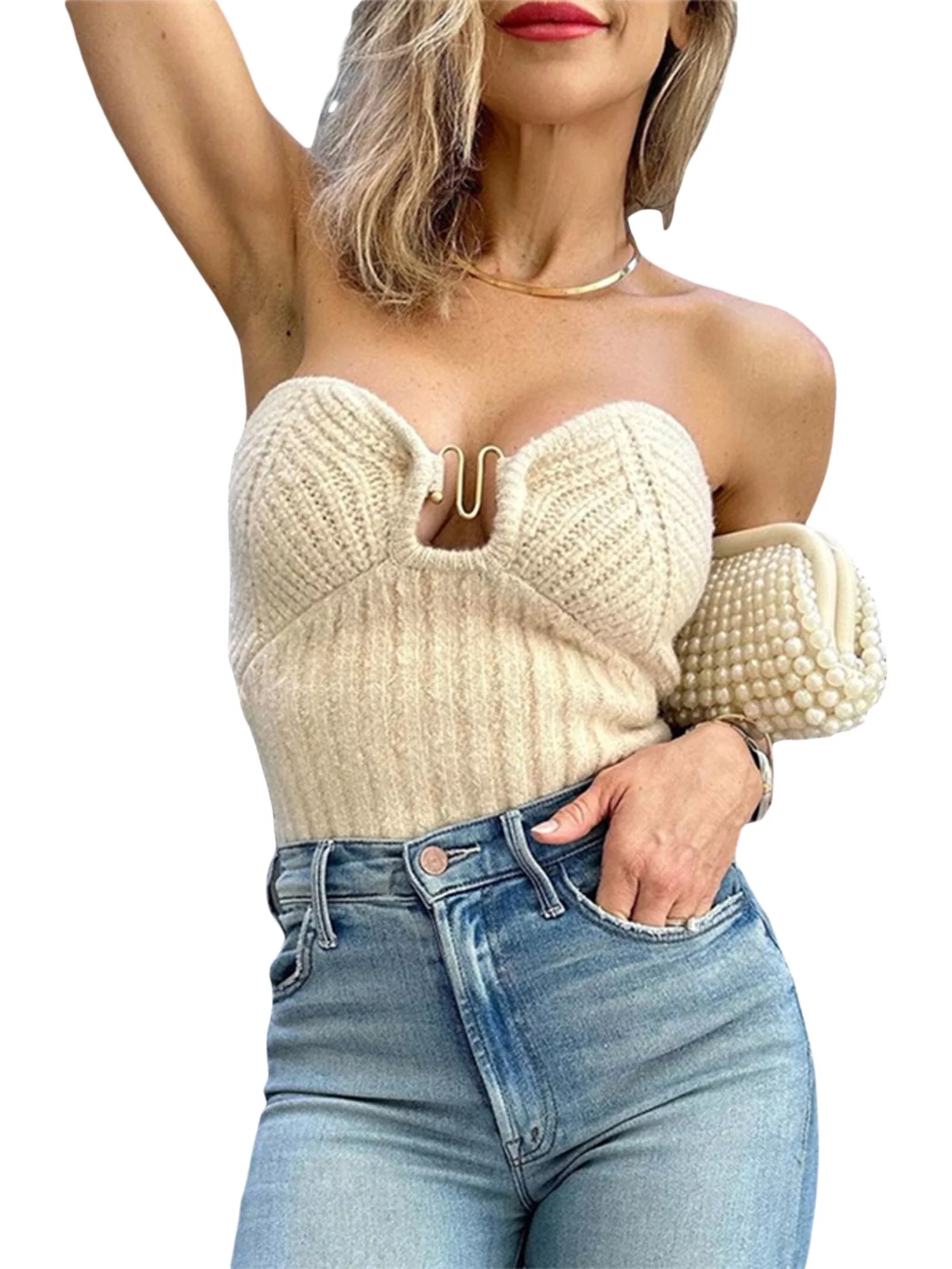 wybzd Women's Strapless Tube Crop Top Sleeveless Off Shoulder Ribbed Knit Slim Fit Cami Crop Tank Top Shirt Apricot M