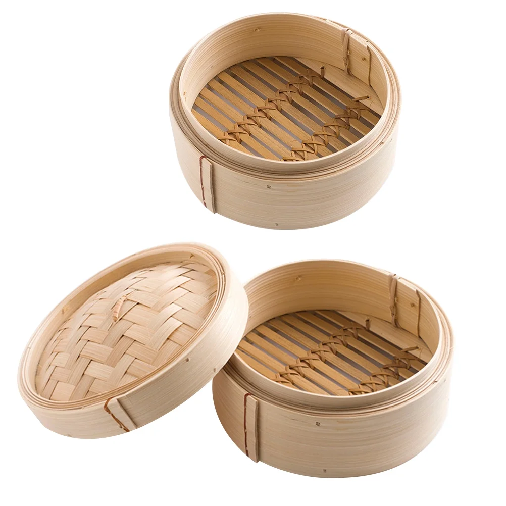 3pcs 8 Inch Bamboo Steamers Chinese Dim Sum Cookers Dessert Lotus Leaf Rice Steamers Kitchen Cooking Tools with Cover