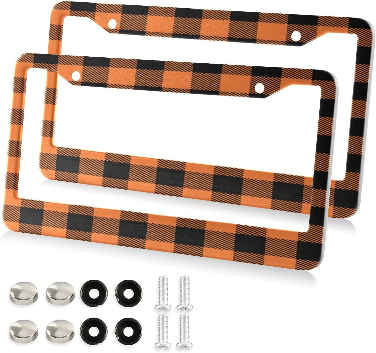 GZHJMY Thanksgiving Orange Plaid License Plate Frame 2 Pack 2 Holes Car Aluminum License Plate Holder Automotive Parts Decoration Universal with Screw Caps Cover