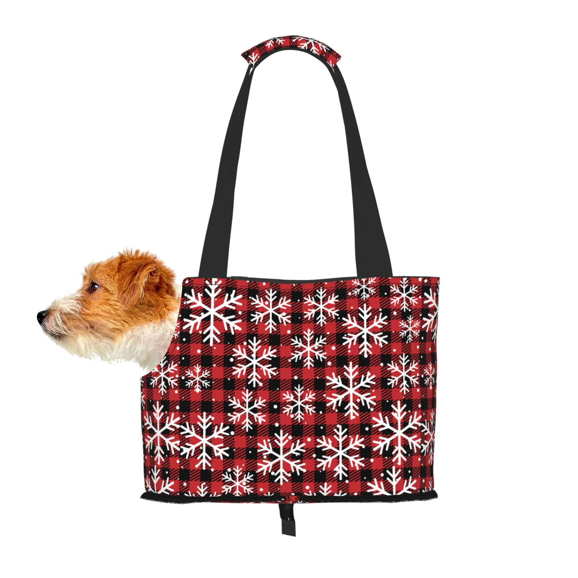 TEQUAN Foldable Dog Purse Carrier, Collapsible Red Christmas Plaid Snowflakes Prints Pet Travel Tote Bag for Small Cat Puppy, Waterproof Dog Soft-Sided Carriers