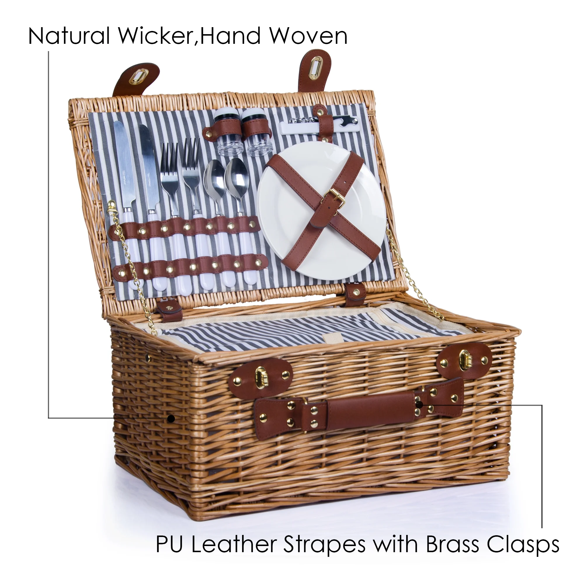 Wicker Picnic Basket Set for 2 Persons Large Willow Hamper with Insulated Cooler Compartment and Cutlery Service Kit, Classic Stripe Grey