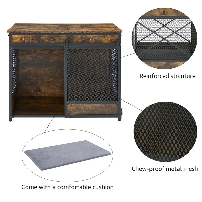 Dog Crate End Table with Cushion and Hooks, Mesh Pet Kennels Rustic Brown - 25.79''H x 31.50''W x 23.62''D