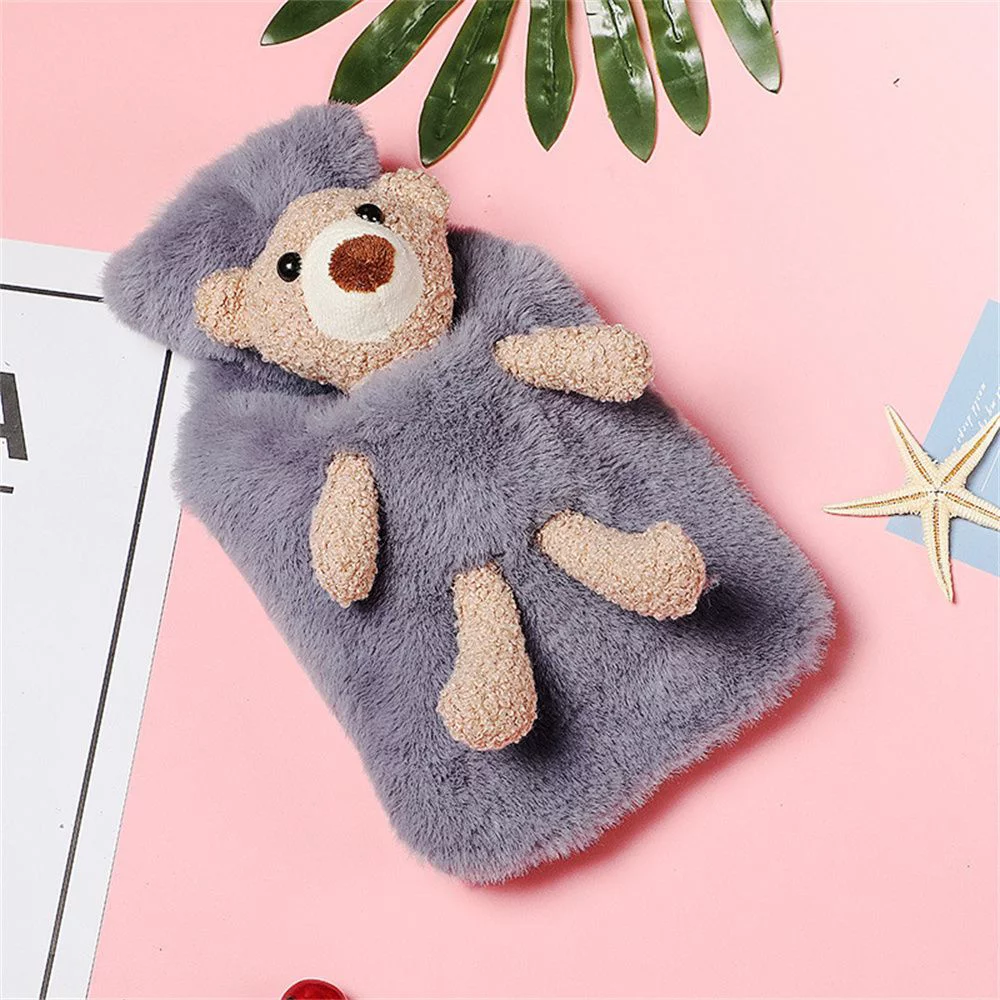 1000ml Plush Covering Recyclable Water Injection Winter Warmth Hot Water Bottle Plush Bear Warm Water Bag PVC Material DARK GREY