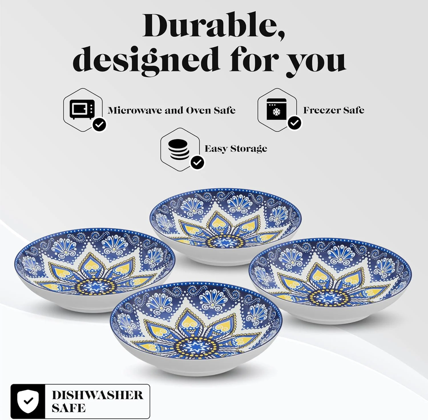 Pasa Bowls | Se Of 4 | Large, 9-Inch, Dinner Serving Plaes | Wide And Shallow Bowls Se For Pasa, Salad, Soup, Spaghei, Sews, Or Cereal | Blue & Yellow Medallion Moif
