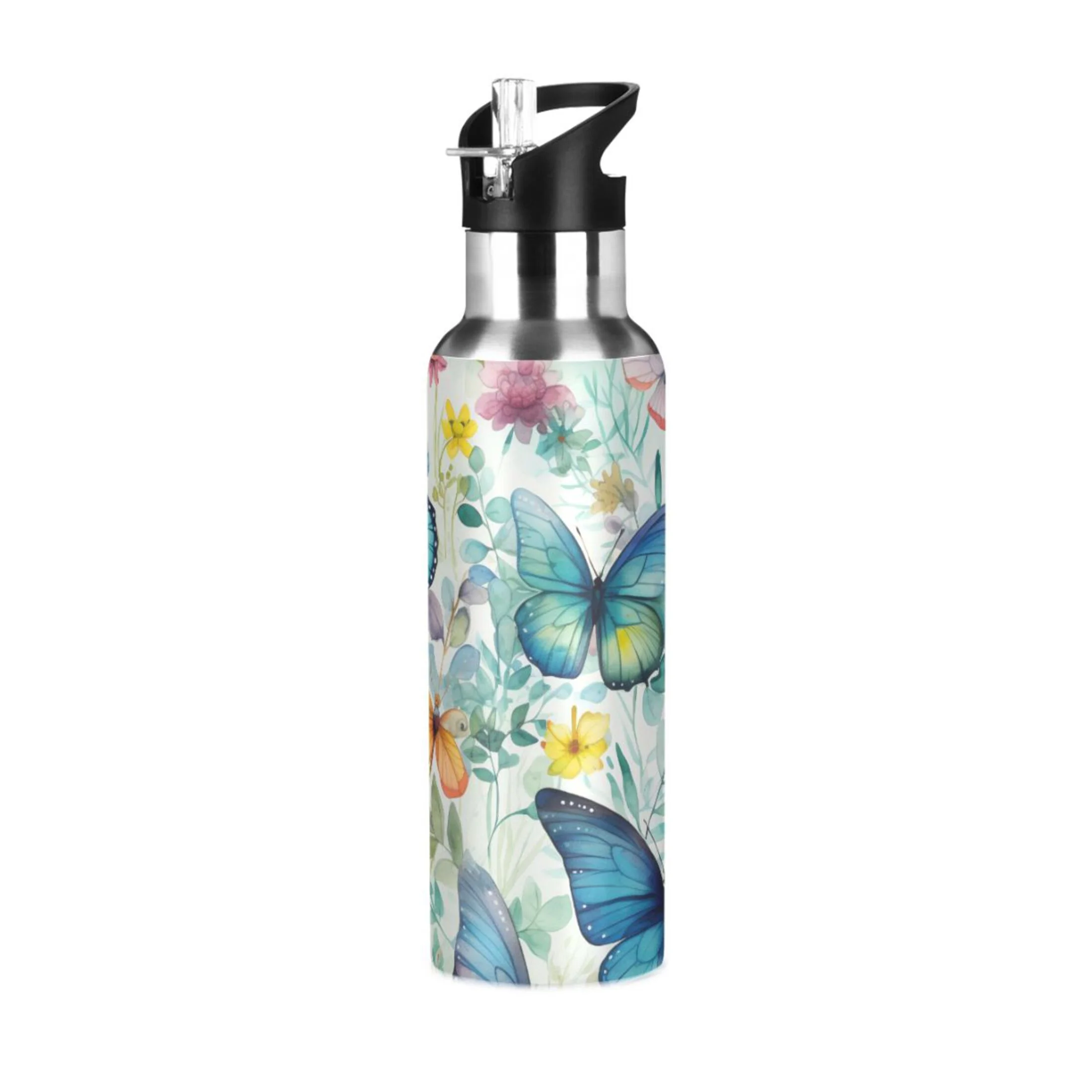Butterfly Floral Water Bottles Insulated Thermos Kids Stainless Steel Bottle with Straw Lid Flask Leakproof for Sports Gym 20 oz