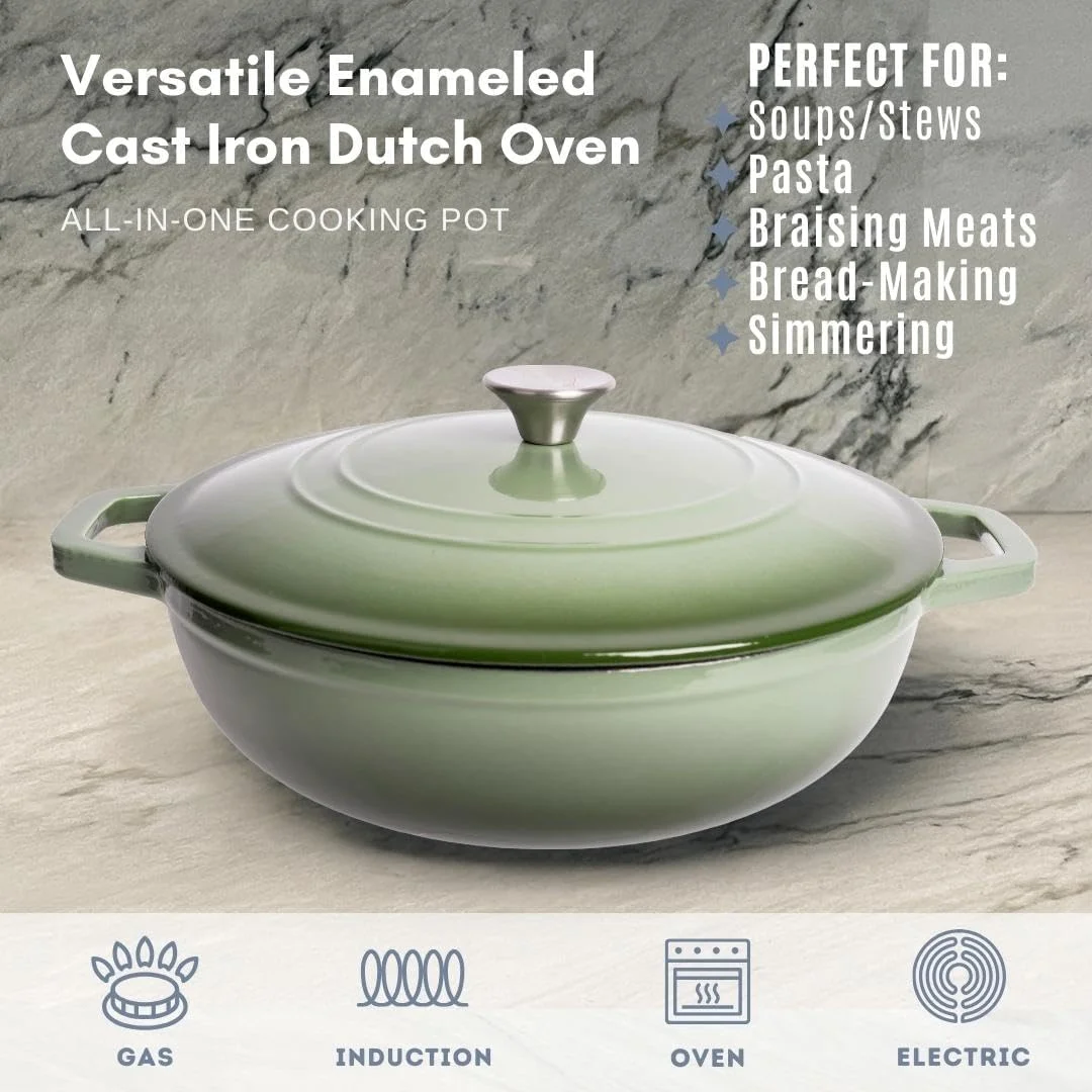 Open Box LEXI HOME 6QT Round Cast Iron Dutch Oven Braiser in Green Ombre with Lid - GREEN