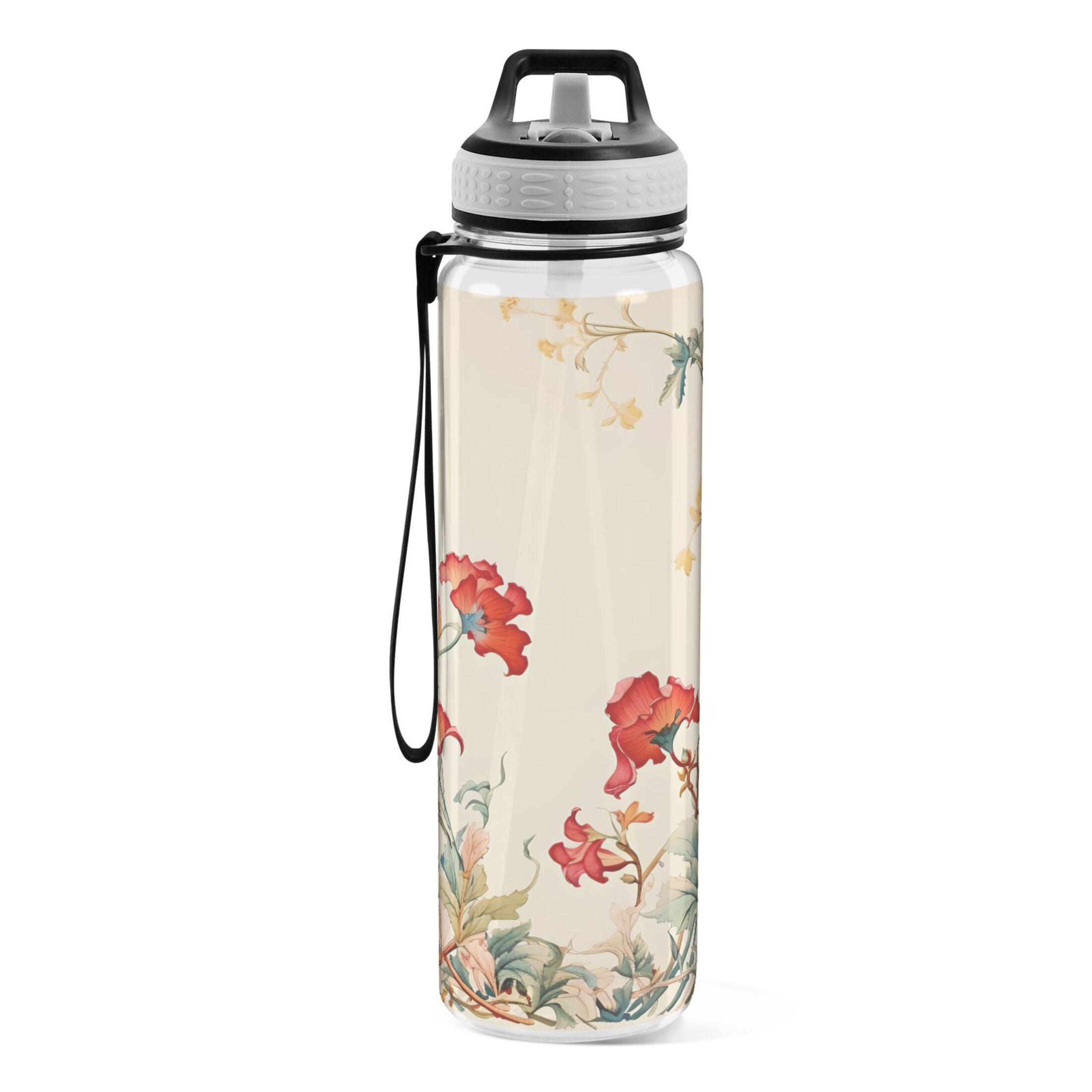 Flowers on Yellow 32oz Water Bottles with Straw Tritan Leakproof Sports Bottle BPA Free Clear for Fitness Gym Swimming Cycling