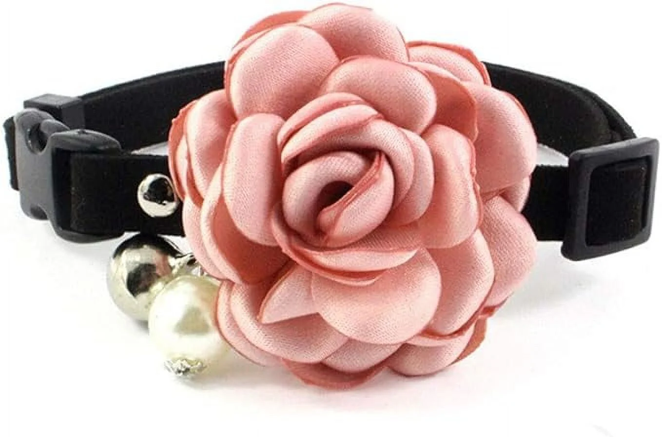 PETFAVORITES Everflowering Rose Flower Cat Dog Collar Bow Tie - Suede Puppy Necklace with Bell - Chihuahua Yorkie Girl Clothes Costume Outfits Accessory, Adjustable and Handmade (Pink, Size XS)