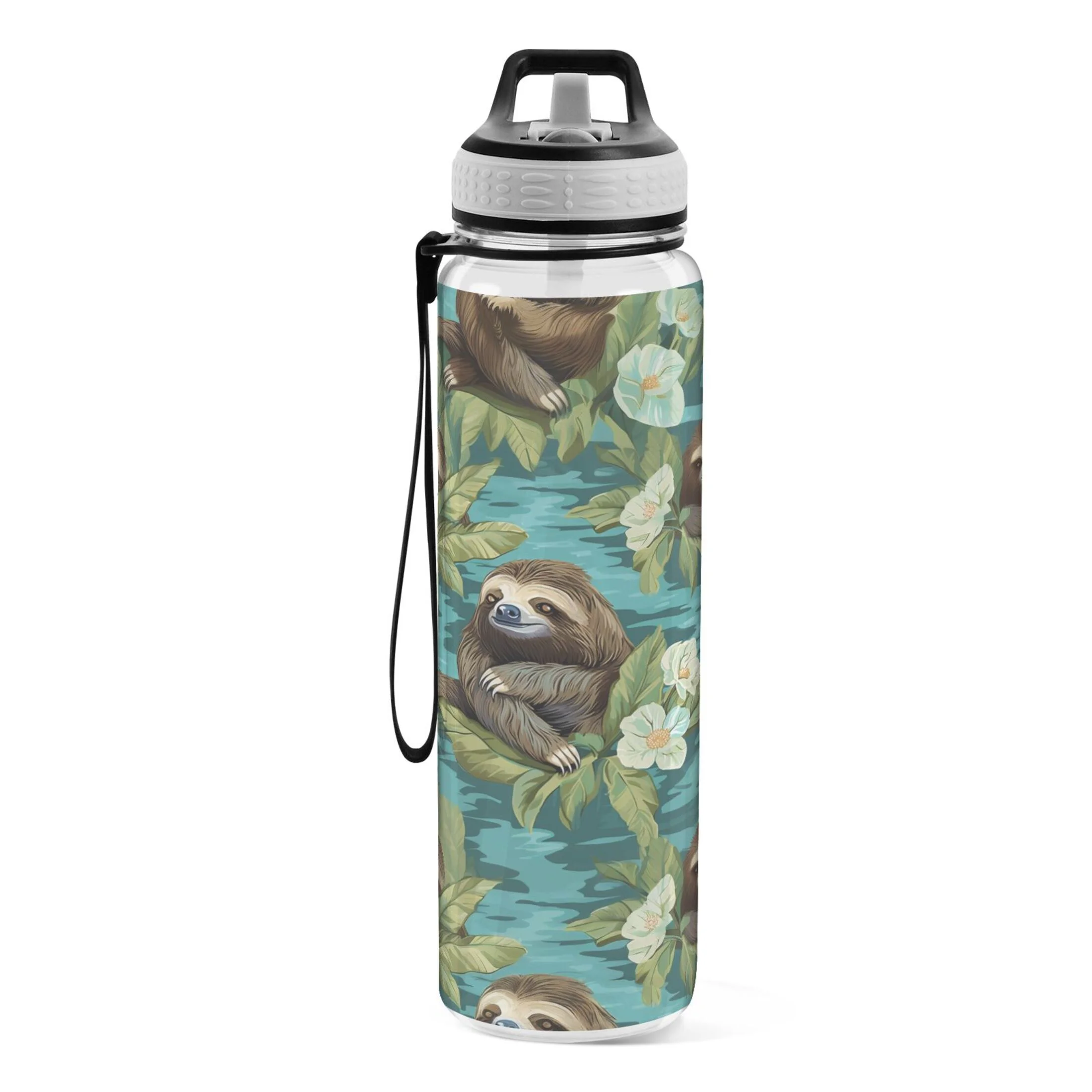 Sloth and Flowers 32oz Water Bottles with Straw Tritan Leakproof Sports Bottle BPA Free Clear for Fitness Gym Swimming Cycling
