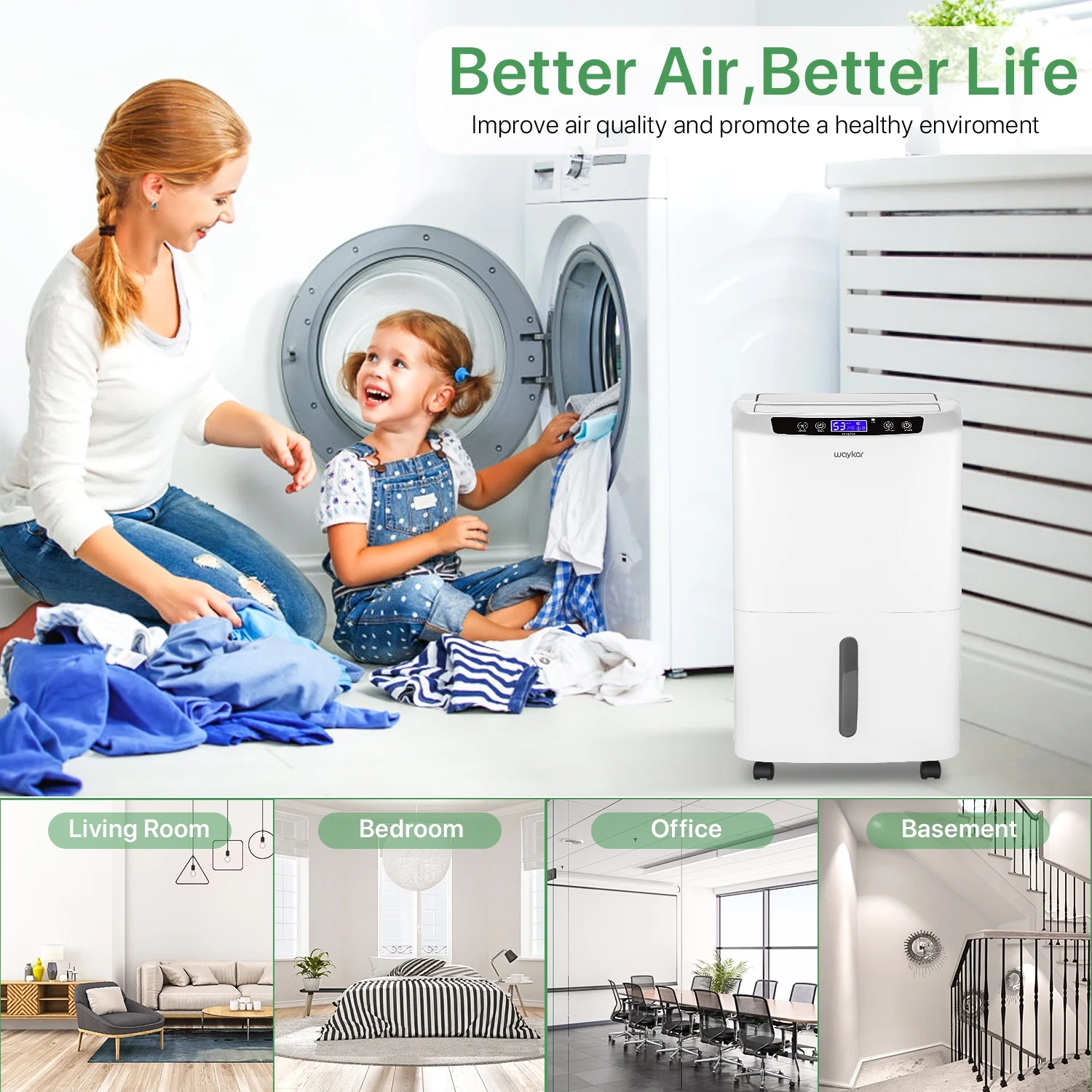 Waykar 34 Pints Dehumidifier for Basements and Home With Drain Hose, Spaces up to 2000 Sq Ft, 0.66 Gallon Water Tank Capacity, White